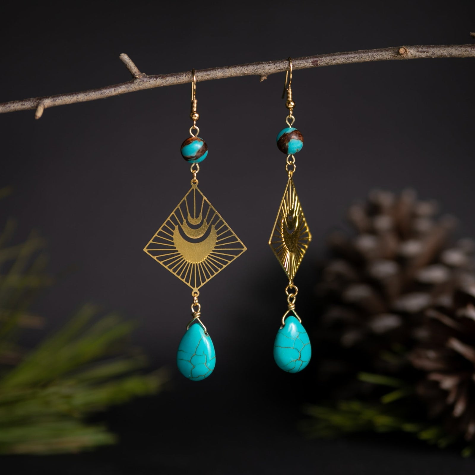 Gold and Turquoise Moon Burst Boho Dangles