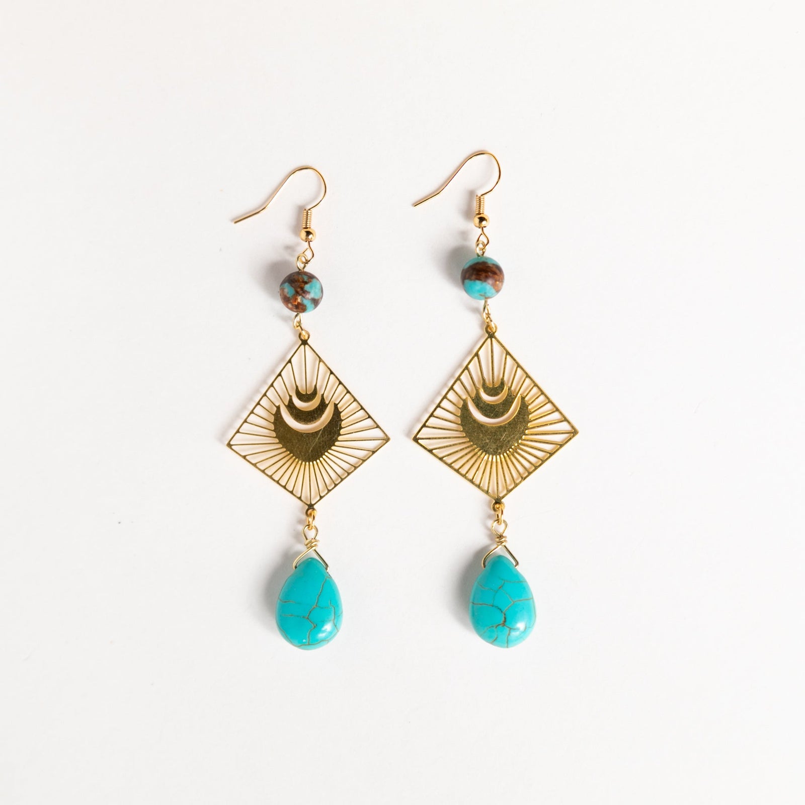 Gold and Turquoise Moon Burst Boho Dangles