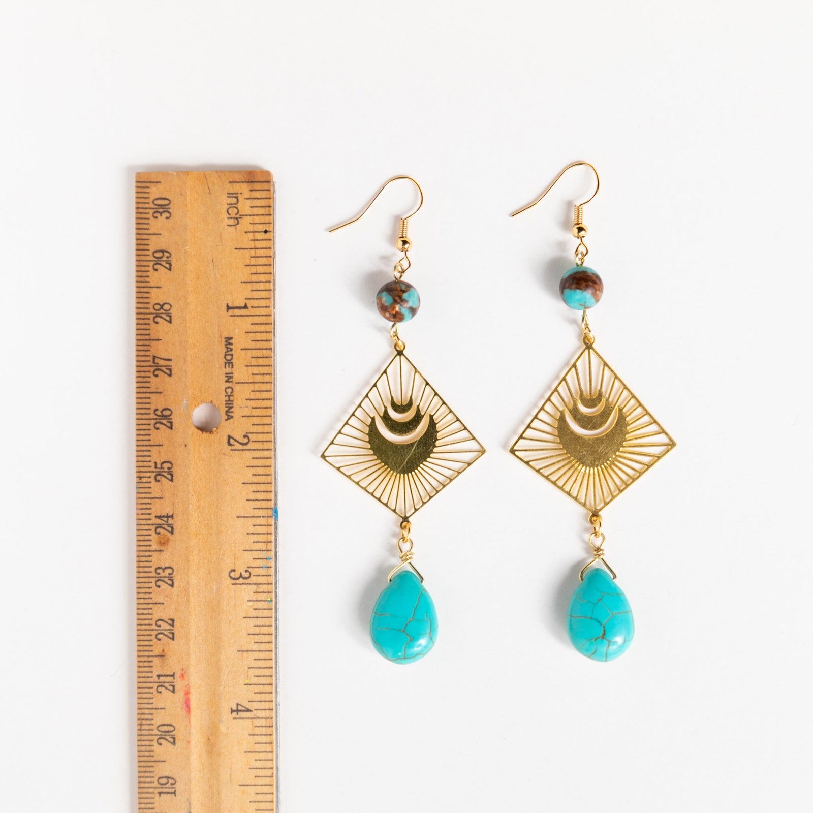 Gold and Turquoise Moon Burst Boho Dangles