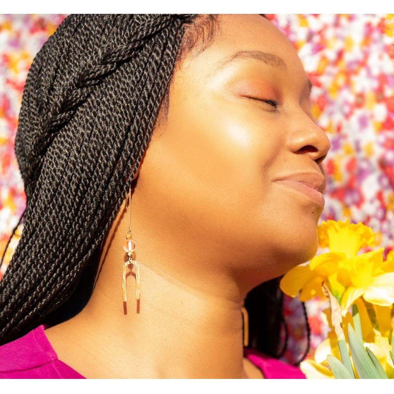 Brushed Gold Arch Earrings with Sunny Spectrolite