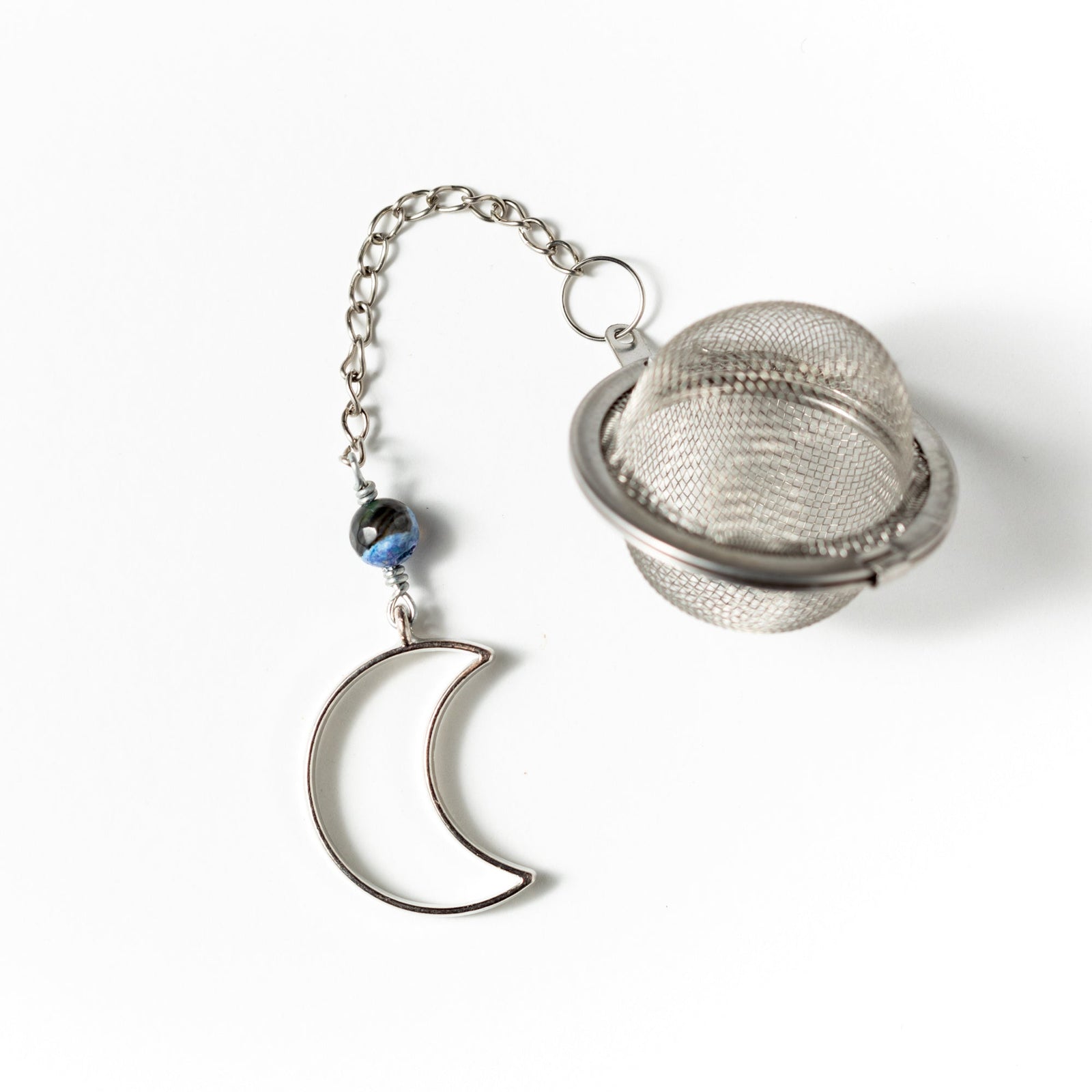 Goodnight Moon Charmed Tea Infuser – Silver Crescent Moon with Black and Blue Banded Agate Bead by Kinley Jewelry