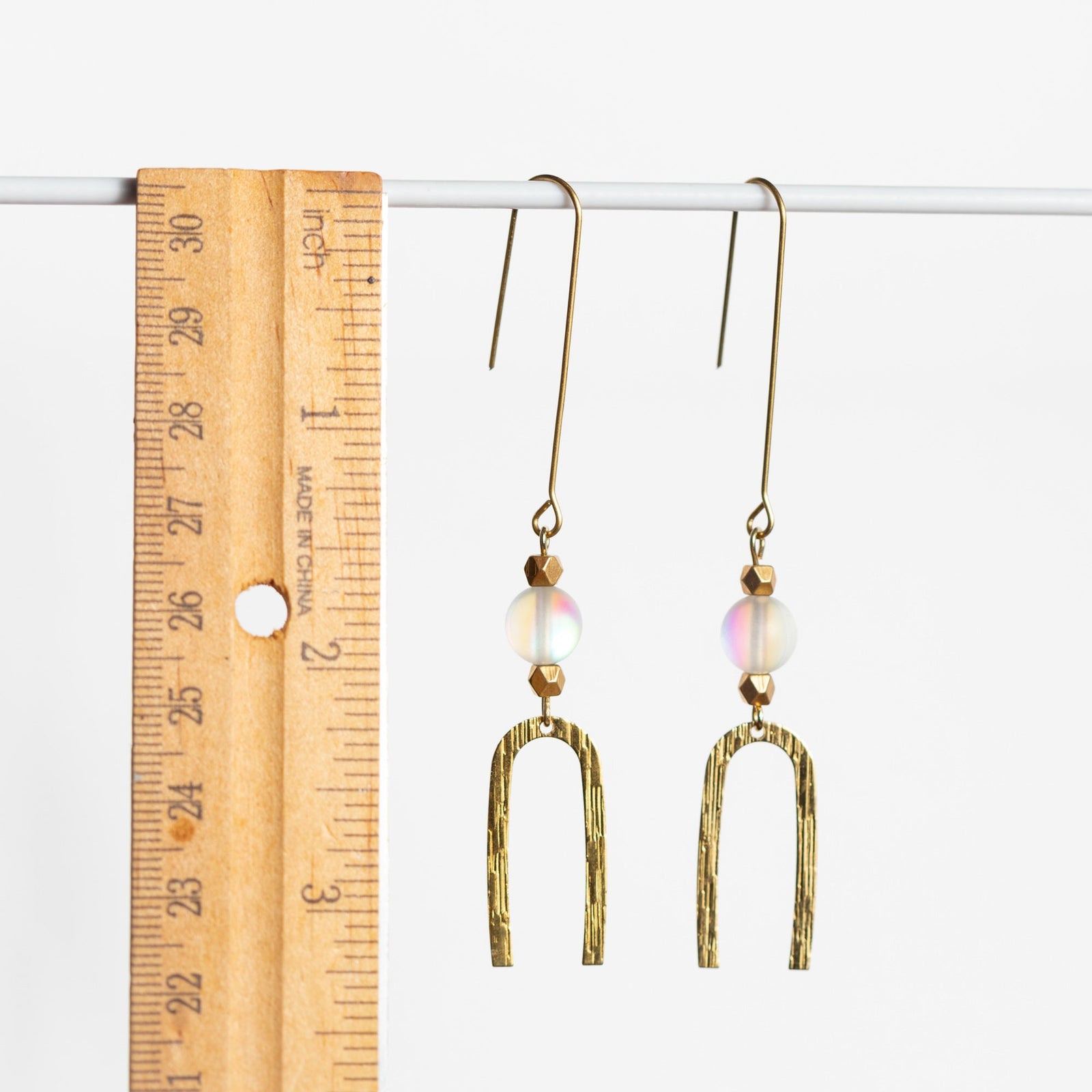 Brushed Gold Arch Earrings with Sunny Spectrolite