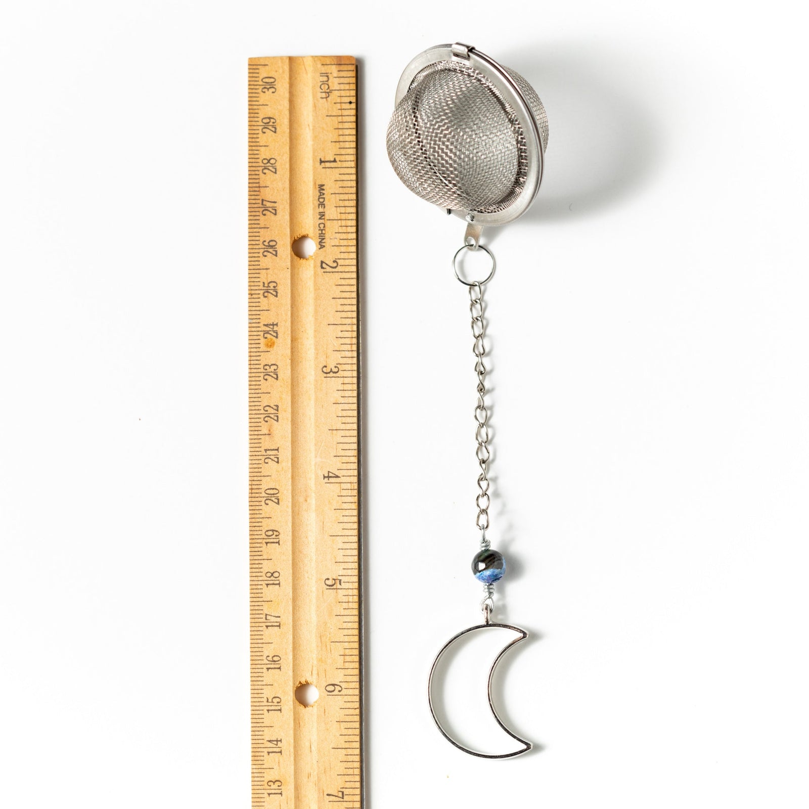 Goodnight Moon Charmed Tea Infuser – Silver Crescent Moon with Black and Blue Banded Agate Bead by Kinley Jewelry