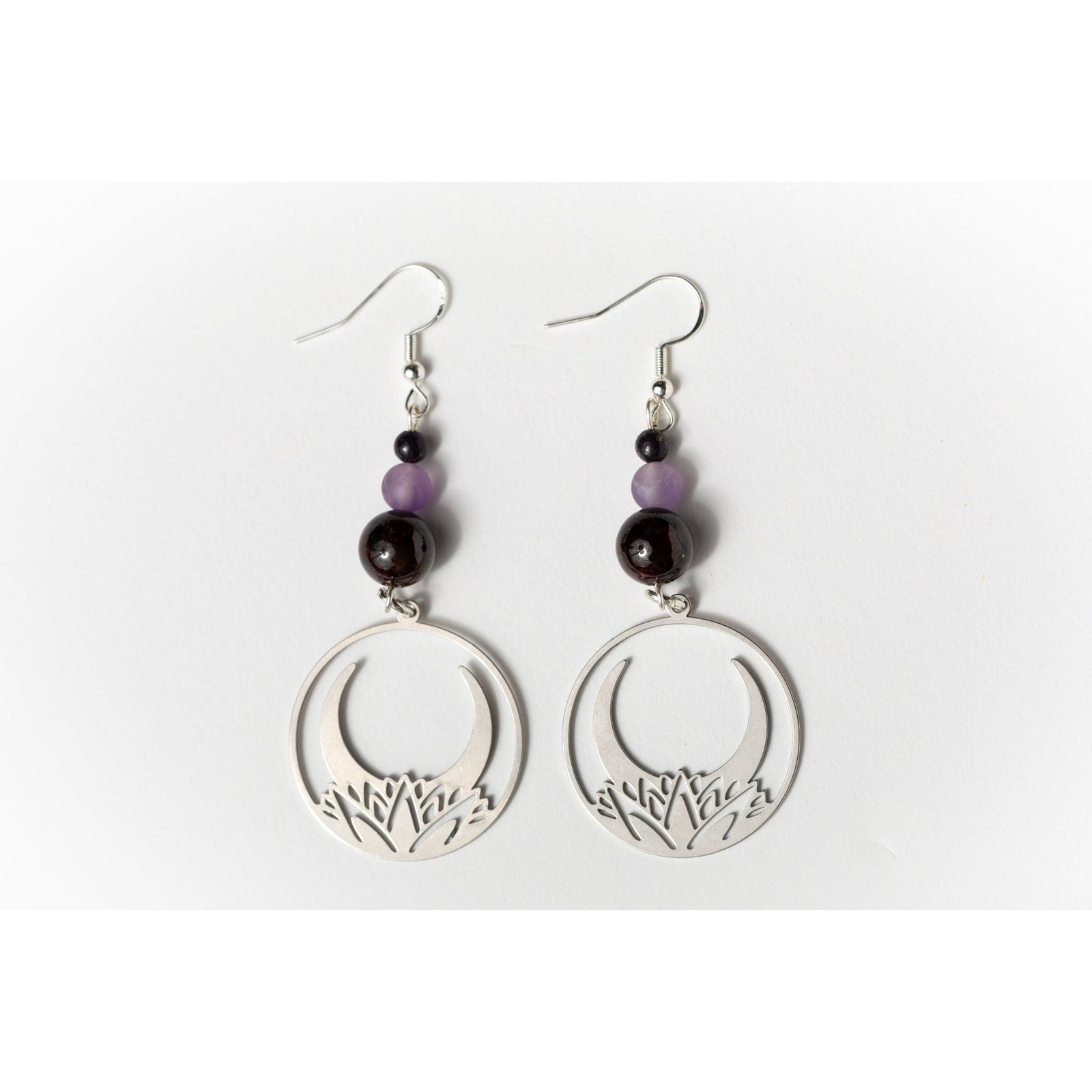 Crescent Moon Lotus Earrings with Garnet & Amethyst – Celestial-Inspired Jewelry by Kinley Jewelry