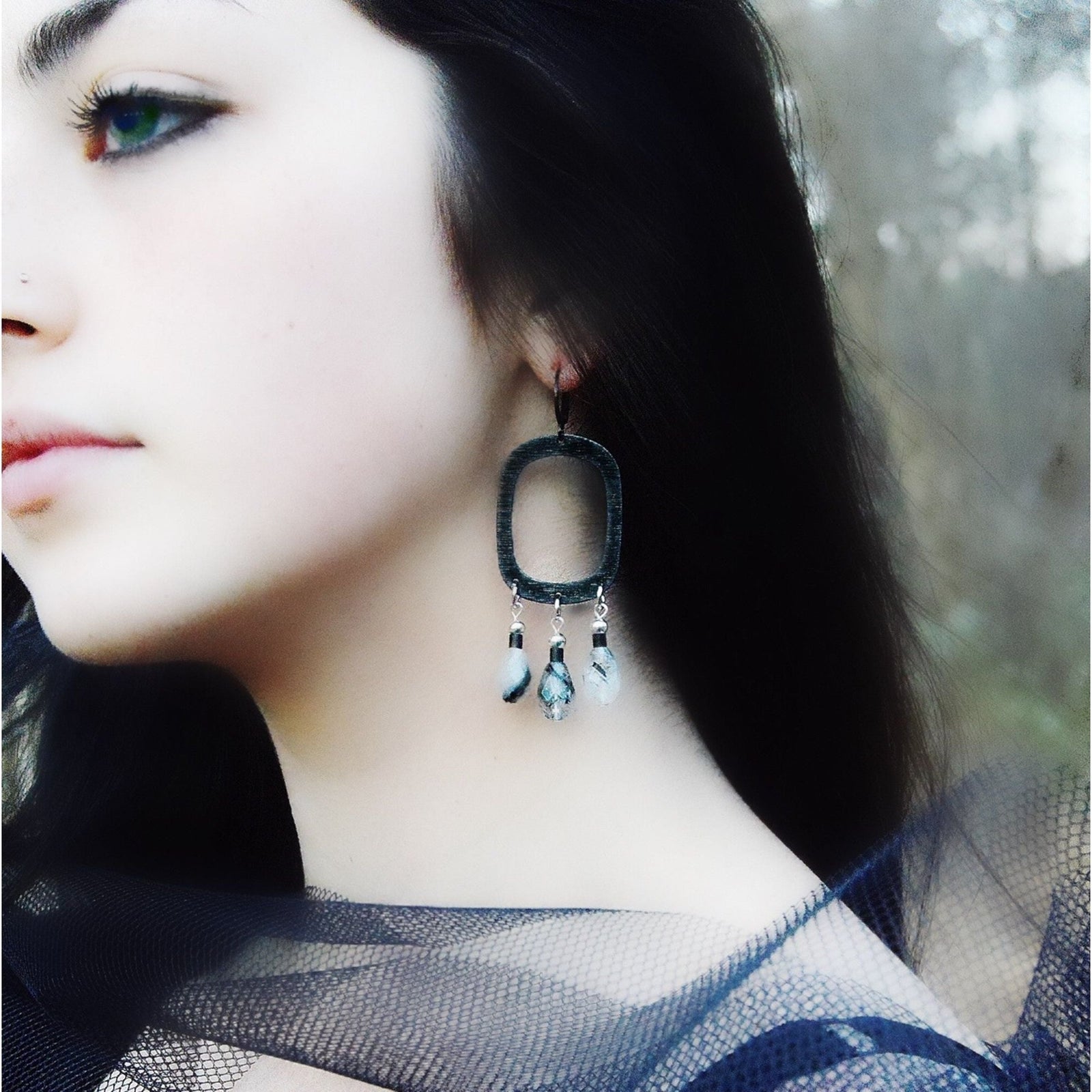 Black Rutilated Quartz Fringe Earrings