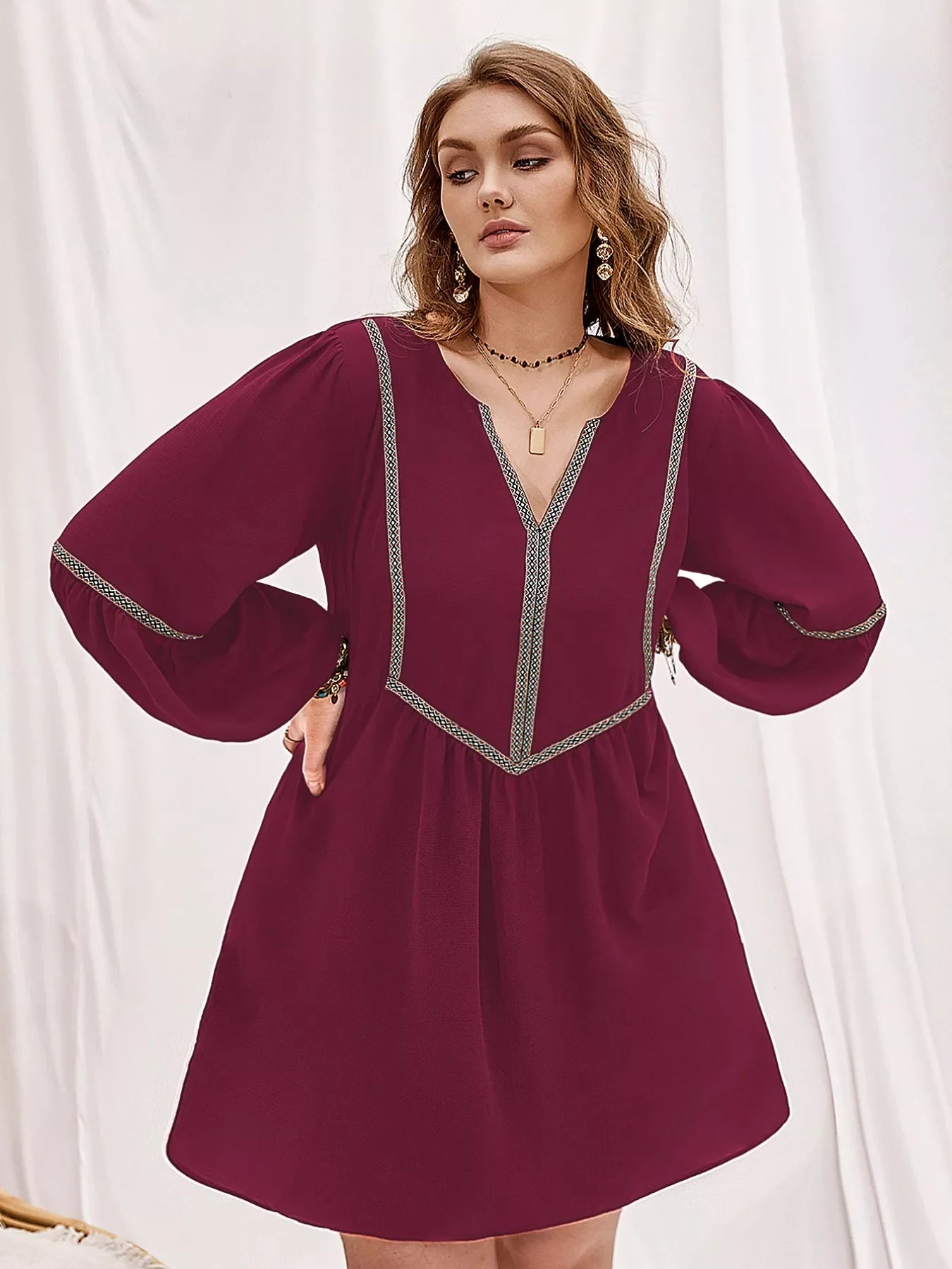 Plus Size Notched Balloon Sleeve Mini Dress
