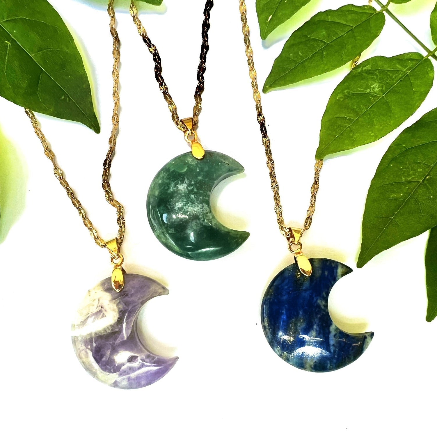 Crescent Moon Gemstone Pendant Necklace - Moss Agate