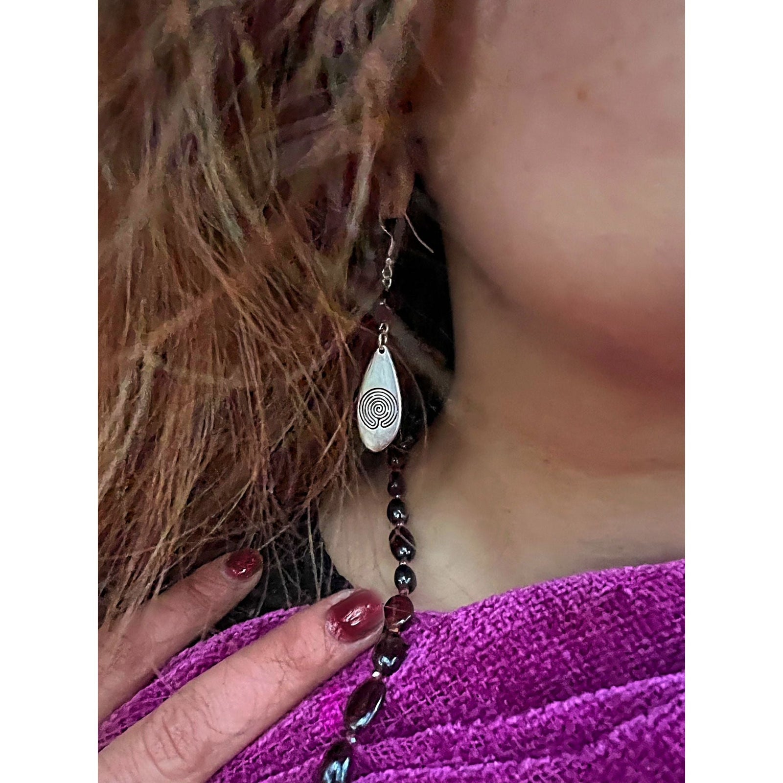 Silver Labyrinth Earrings with Garnet Stones
