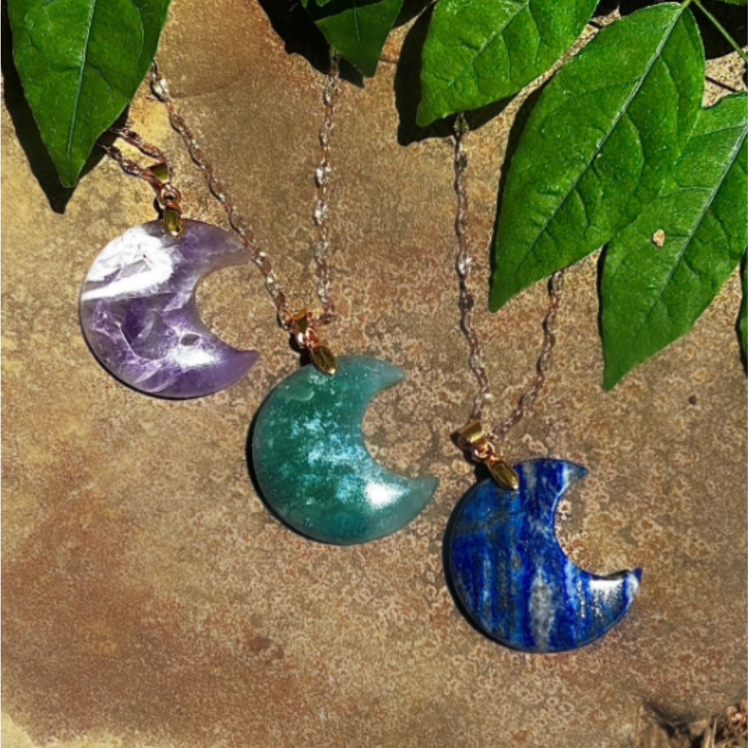 Cresent Moon Gemstone Pendant Necklace - Dream Amethyst