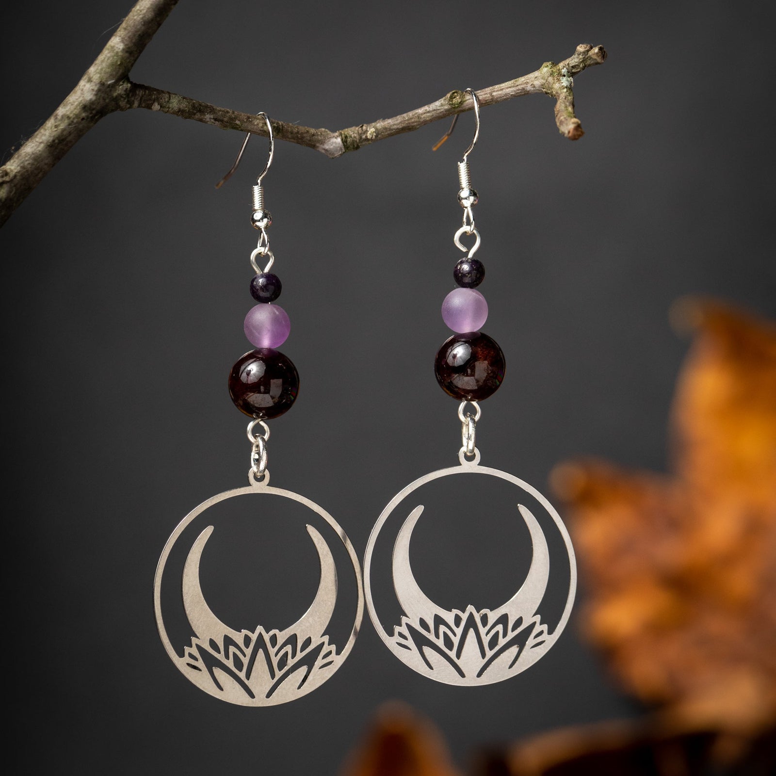 Crescent Moon Lotus Earrings with Garnet & Amethyst