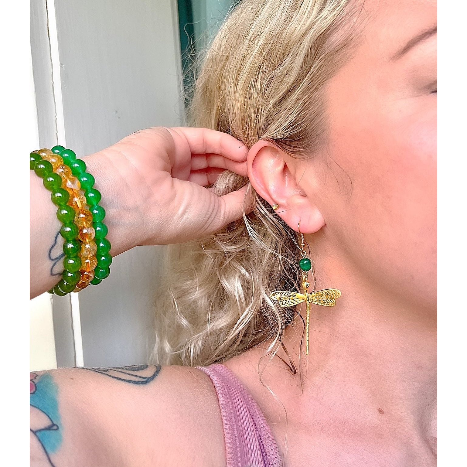 Art Nouveau Inspired Dragonfly Earrings with Malachite