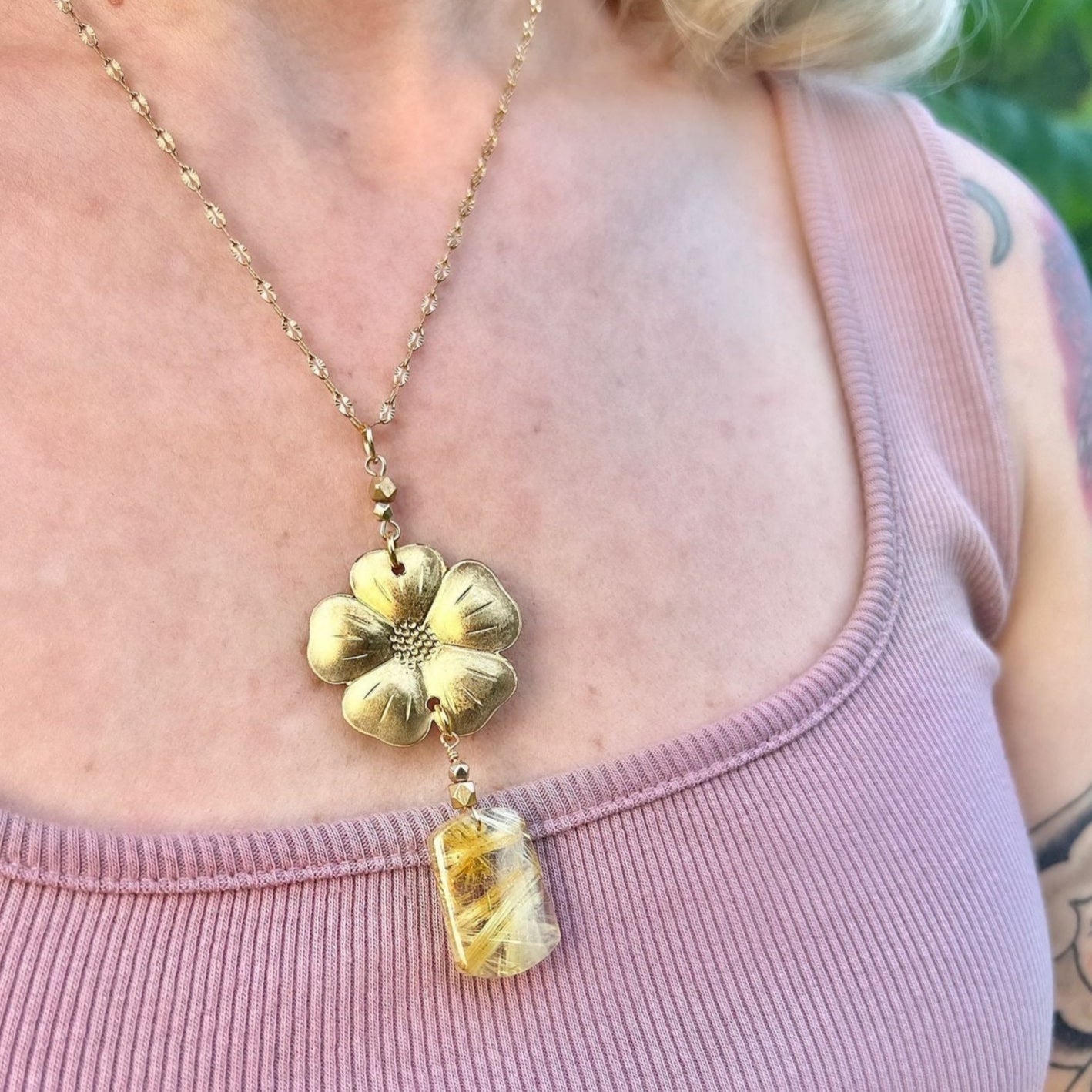 Golden Blossom with Rutilated Quartz Necklace