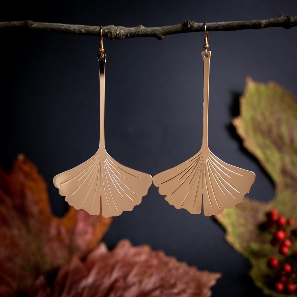 Shiny Gold Huge Gingko Leaf Earrings