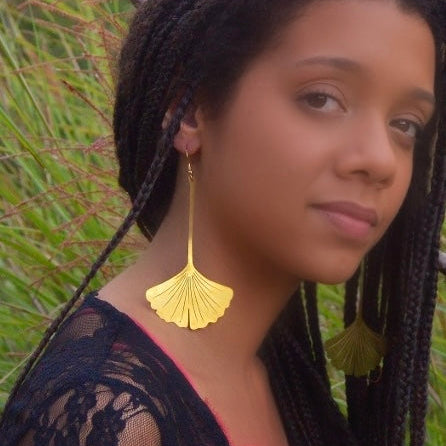 Shiny Gold Huge Gingko Leaf Earrings