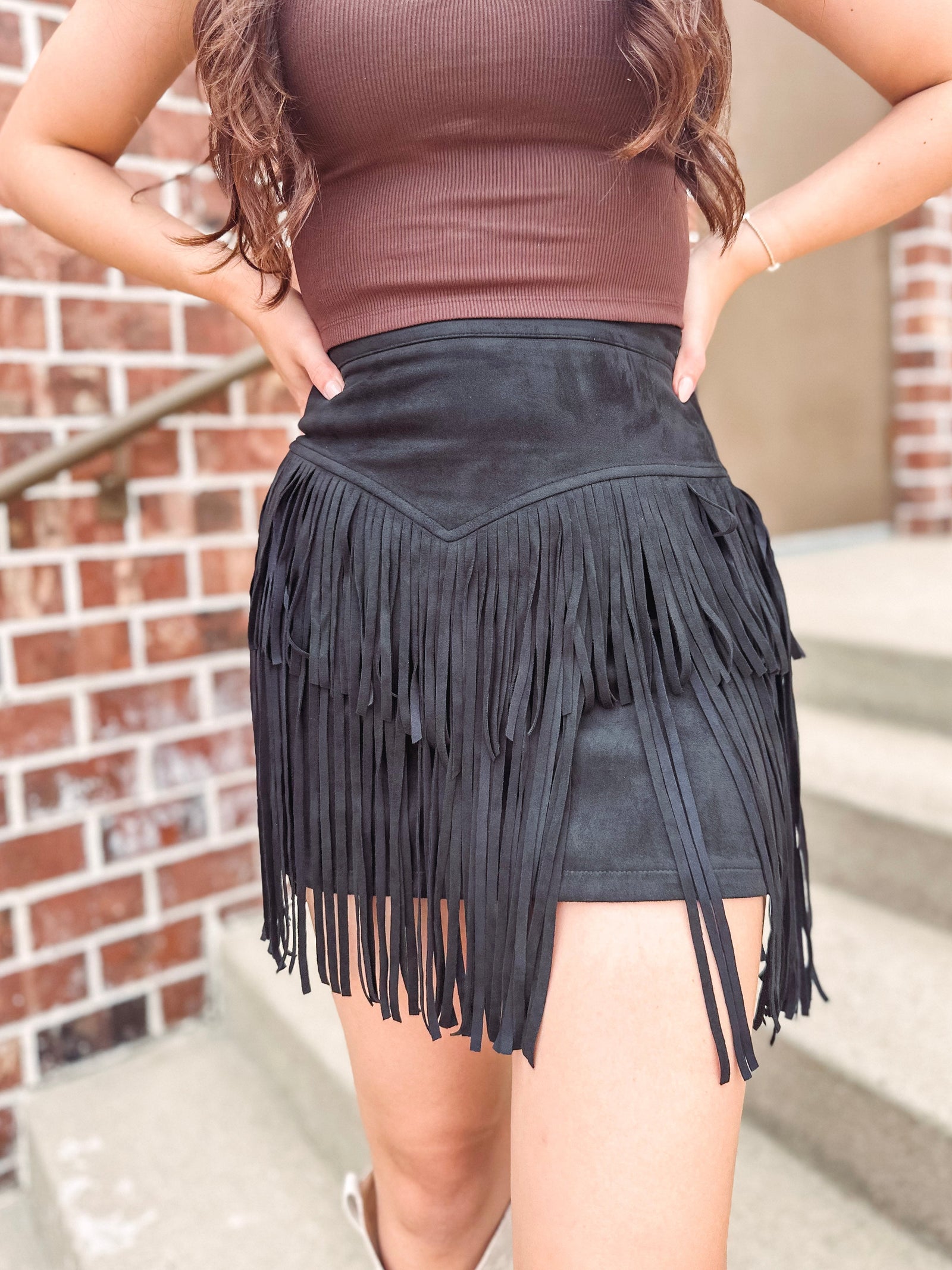 Boot Scootin' Tiered Fringe Mini Skirt-- Black