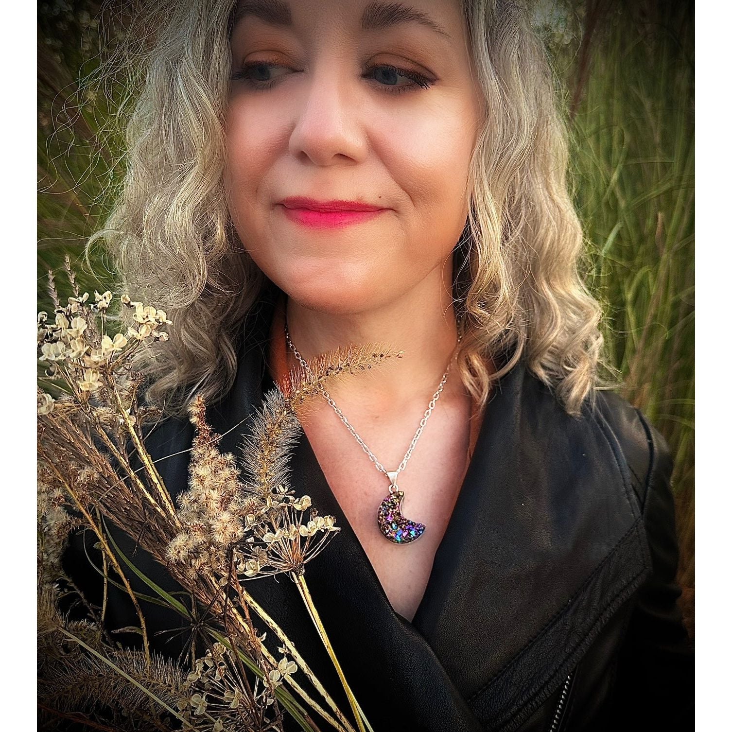 Mystic Rainbow Druzy Crescent Moon Necklace