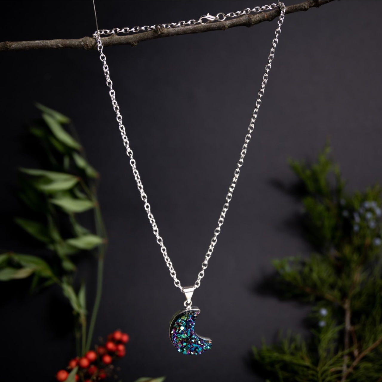 Mystic Rainbow Druzy Crescent Moon Necklace