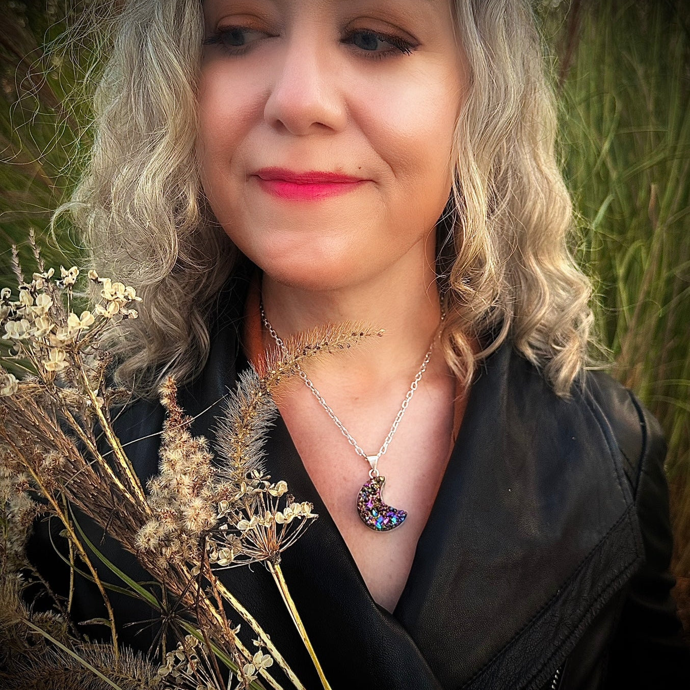 Mystic Rainbow Druzy Crescent Moon Necklace