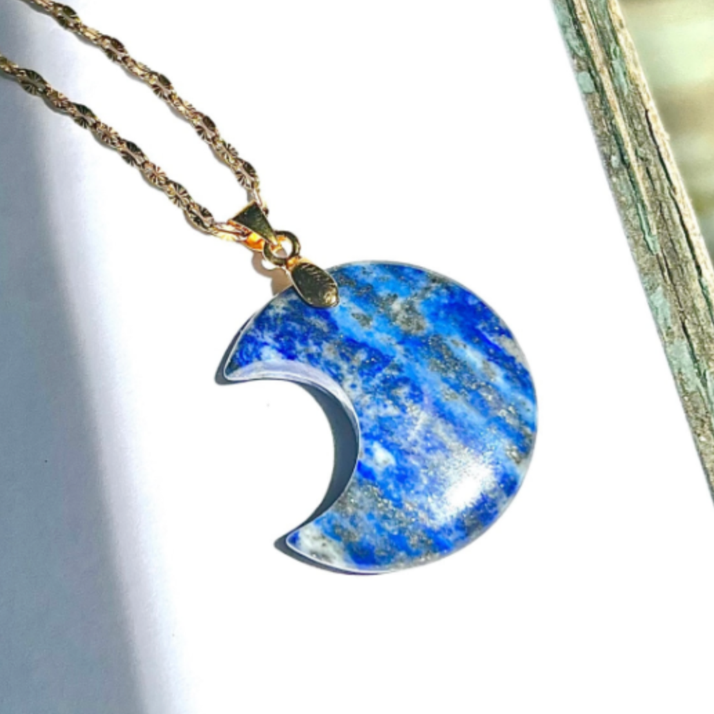 Crescent Moon Gemstone Pendant Necklace - Lapis Lazuli
