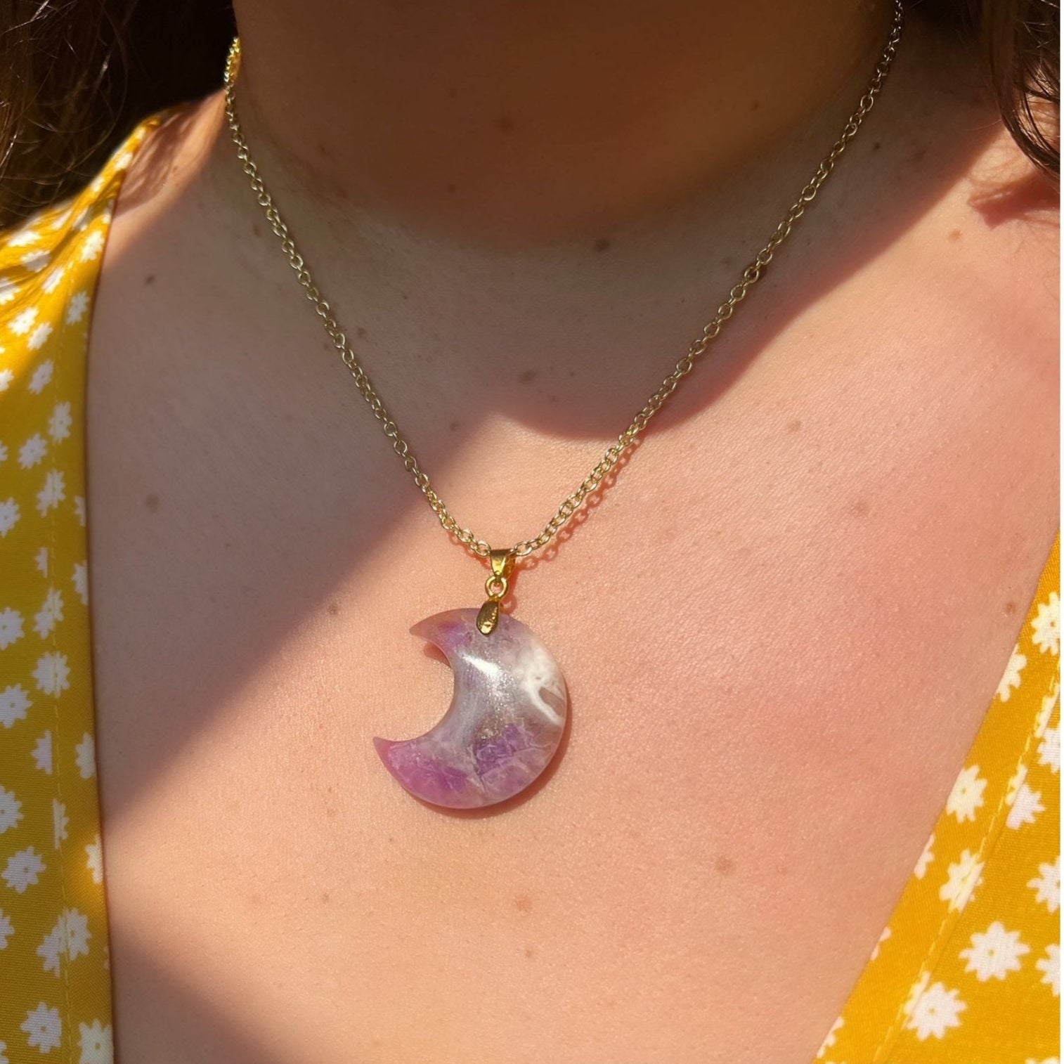 Cresent Moon Gemstone Pendant Necklace - Dream Amethyst