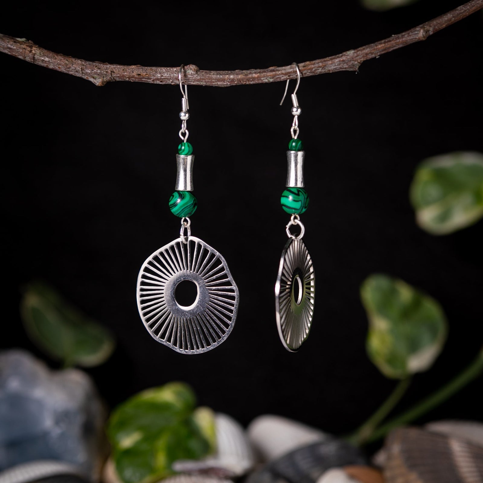 Organic Natural Pattern Earrings with Malachite
