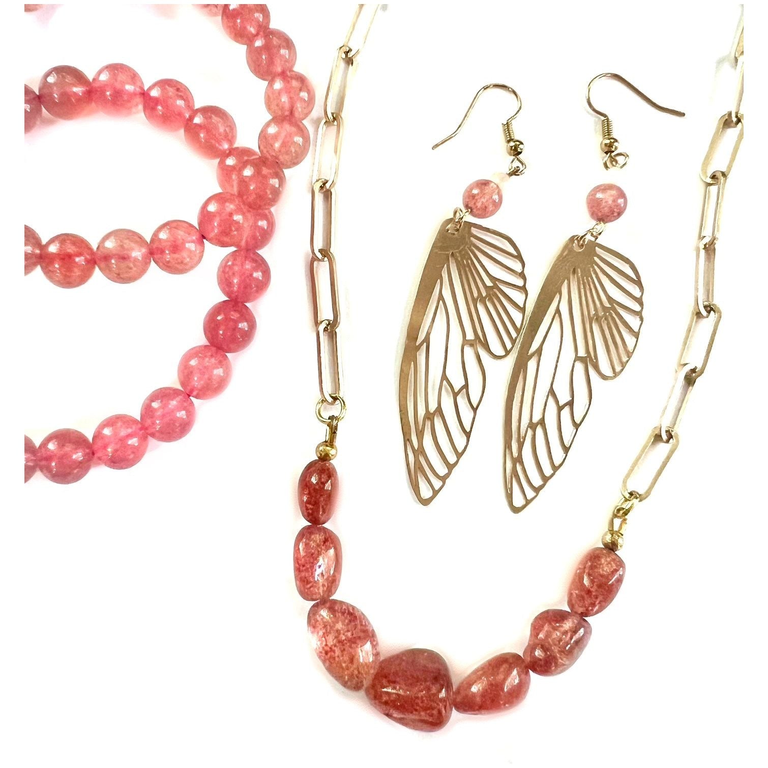 Gold Butterfly Wing Earrings with Strawberry Quartz