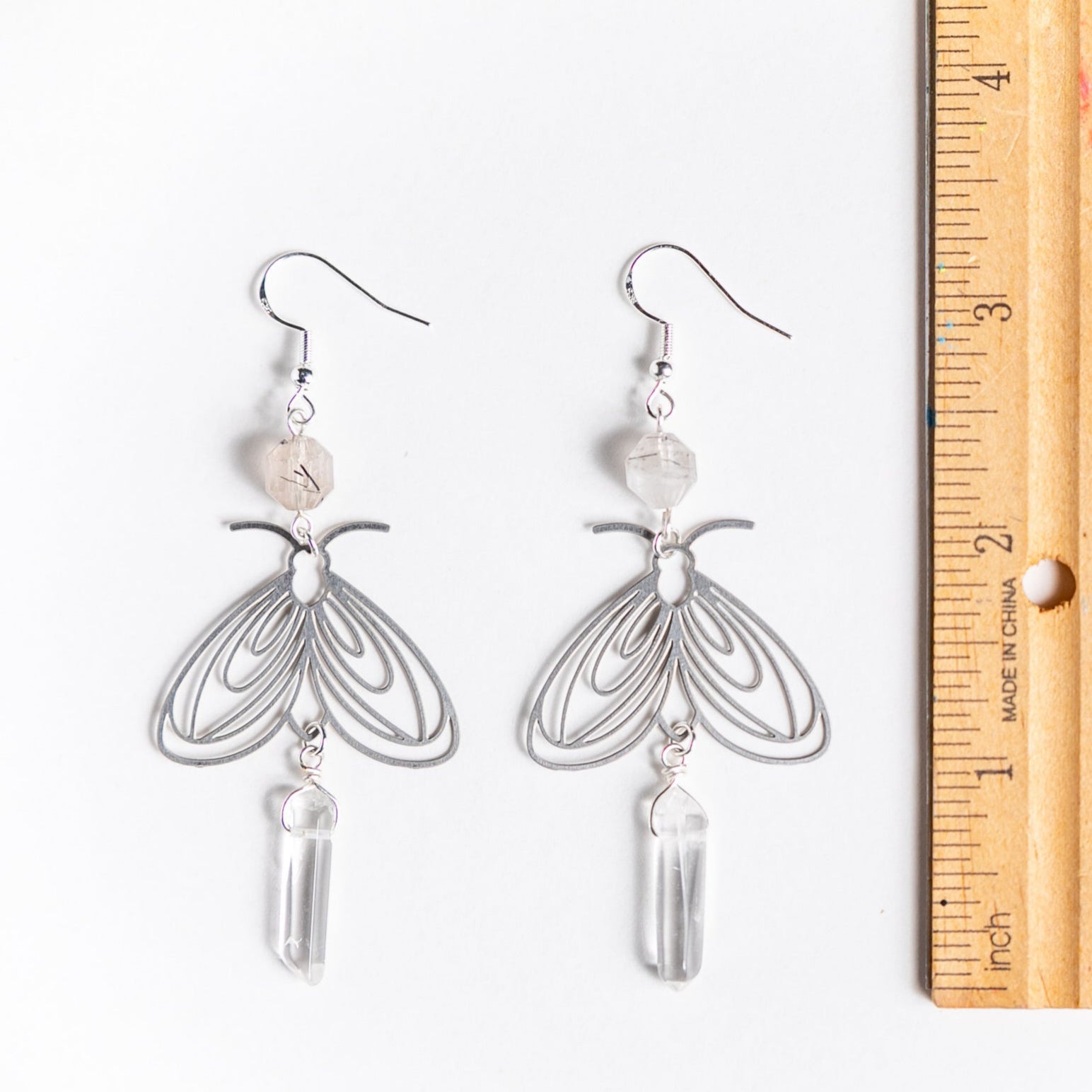 Moth and Crystal Long Earrings