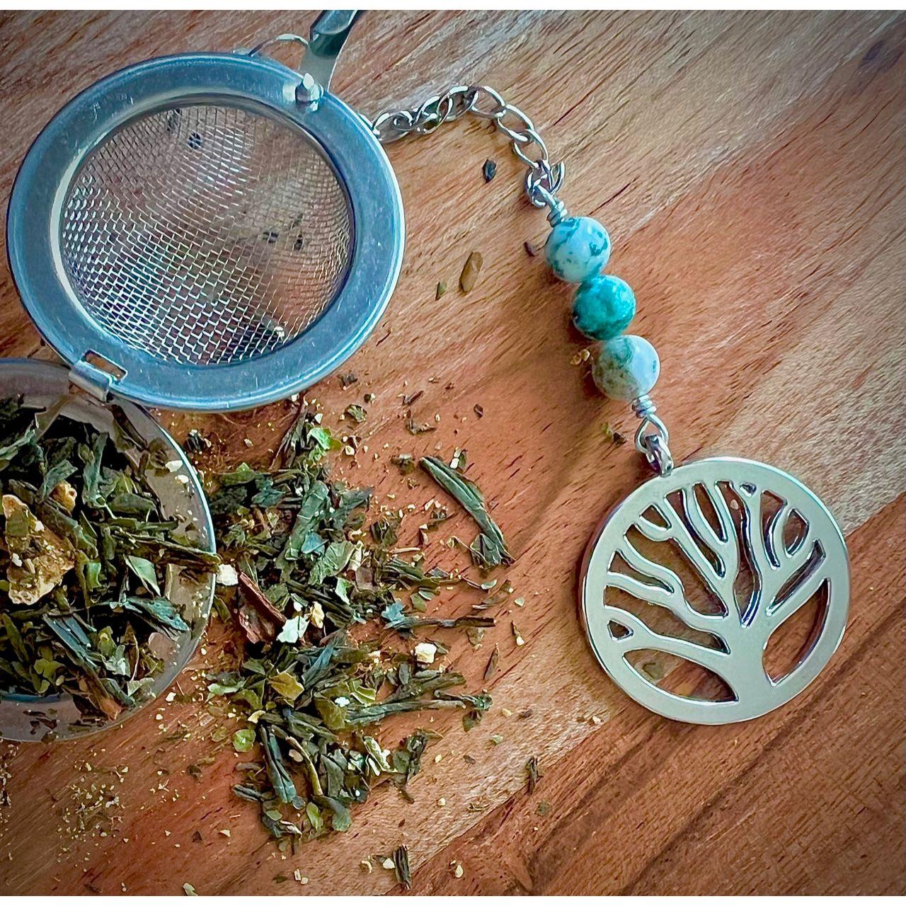 Tree of Life Charmed Tea Infuser with Tree Agate – Silver Tree Charm with Natural Tree Agate Beads by Kinley Jewelry