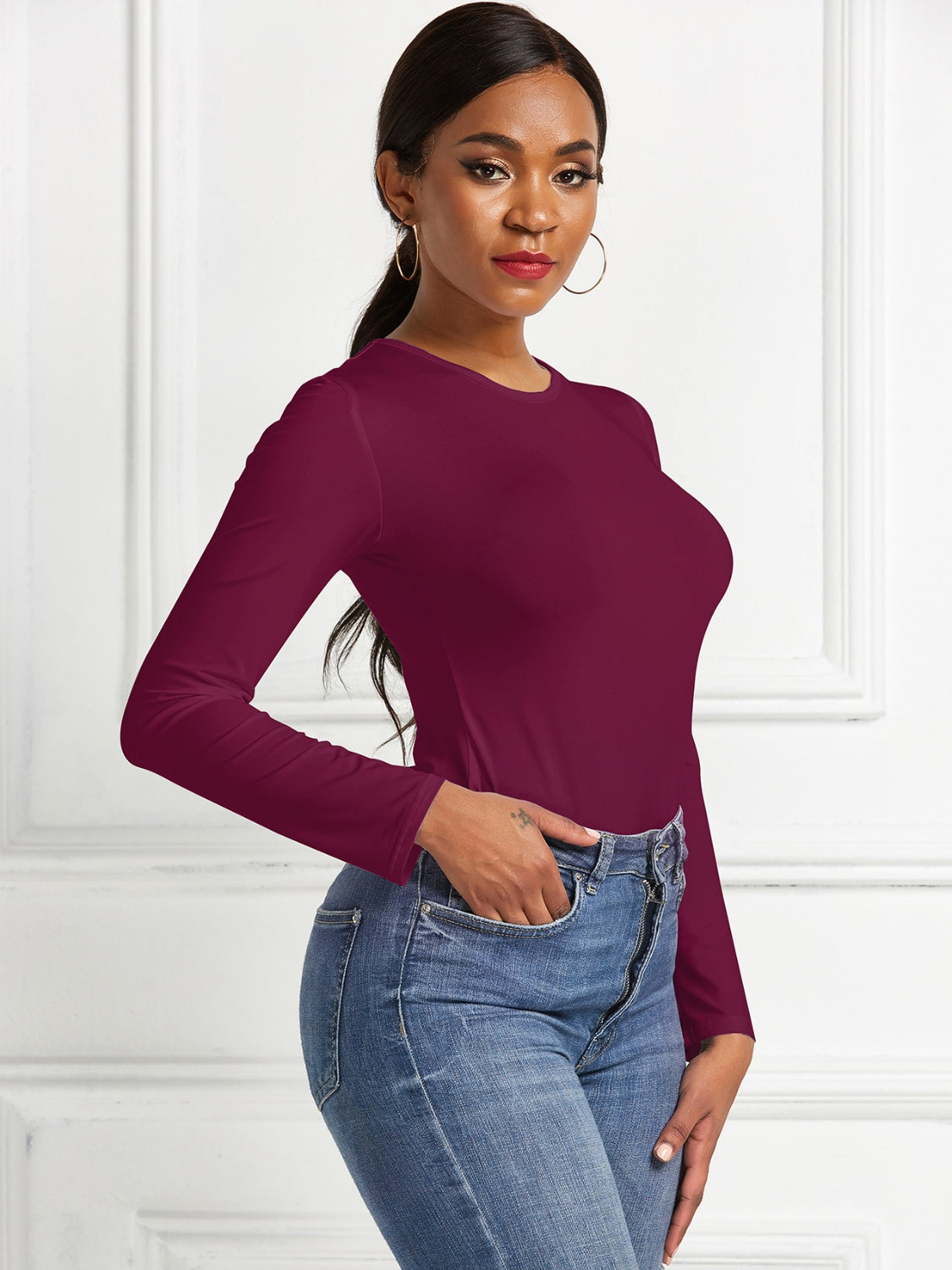 Maroon Round Neck Long Sleeve Bodysuit