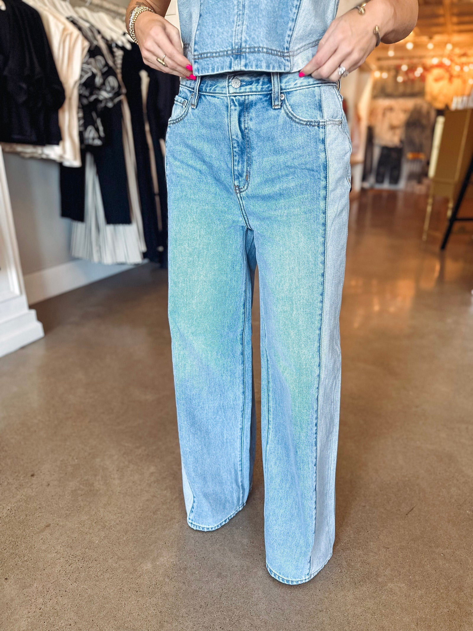 Daze Denim Denim Daze The Wanderer Mid-Rise Palazzo Mixed Denim-- Coast