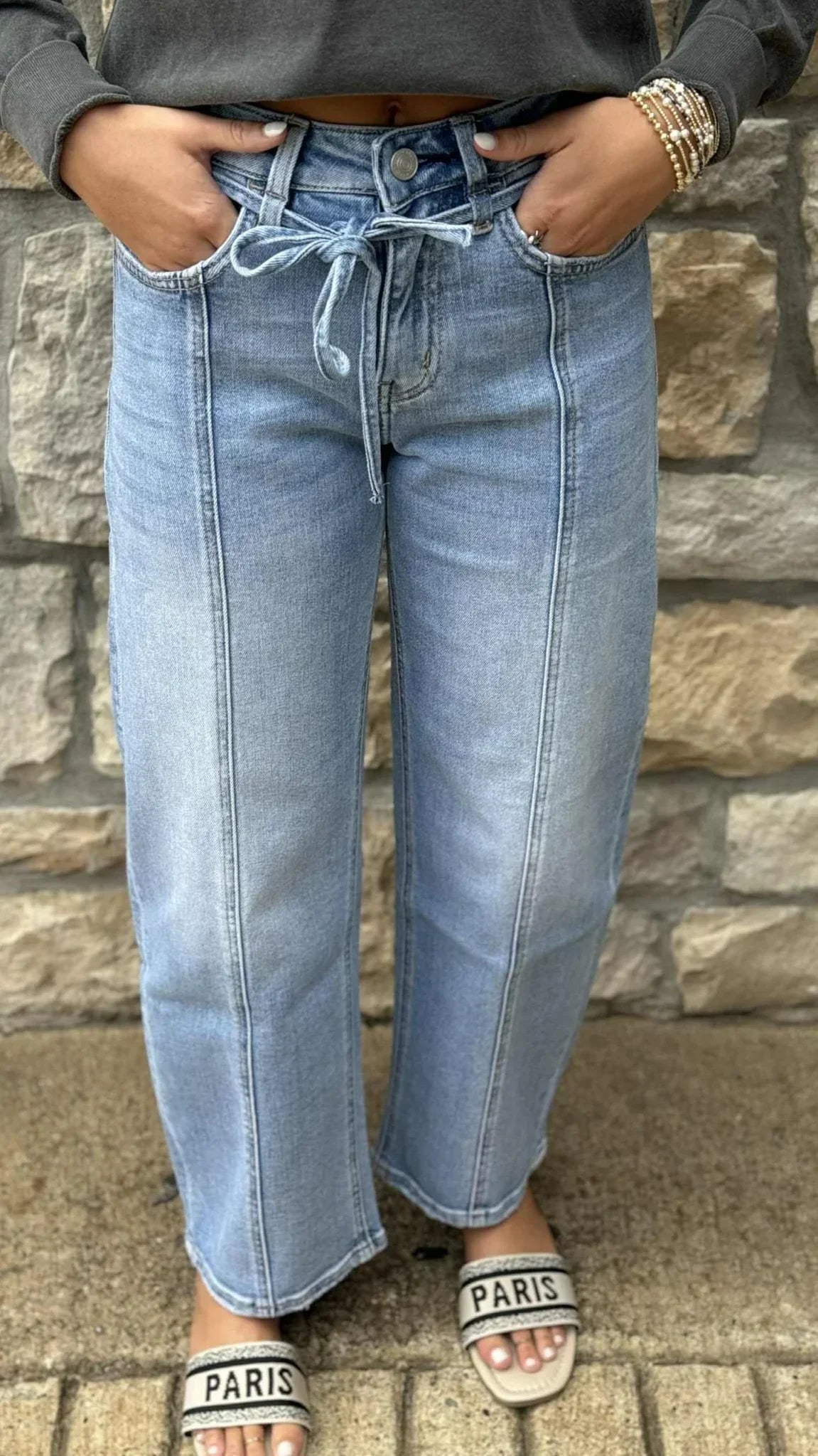 High Rise Wide Barrel Denim With Tie Waist