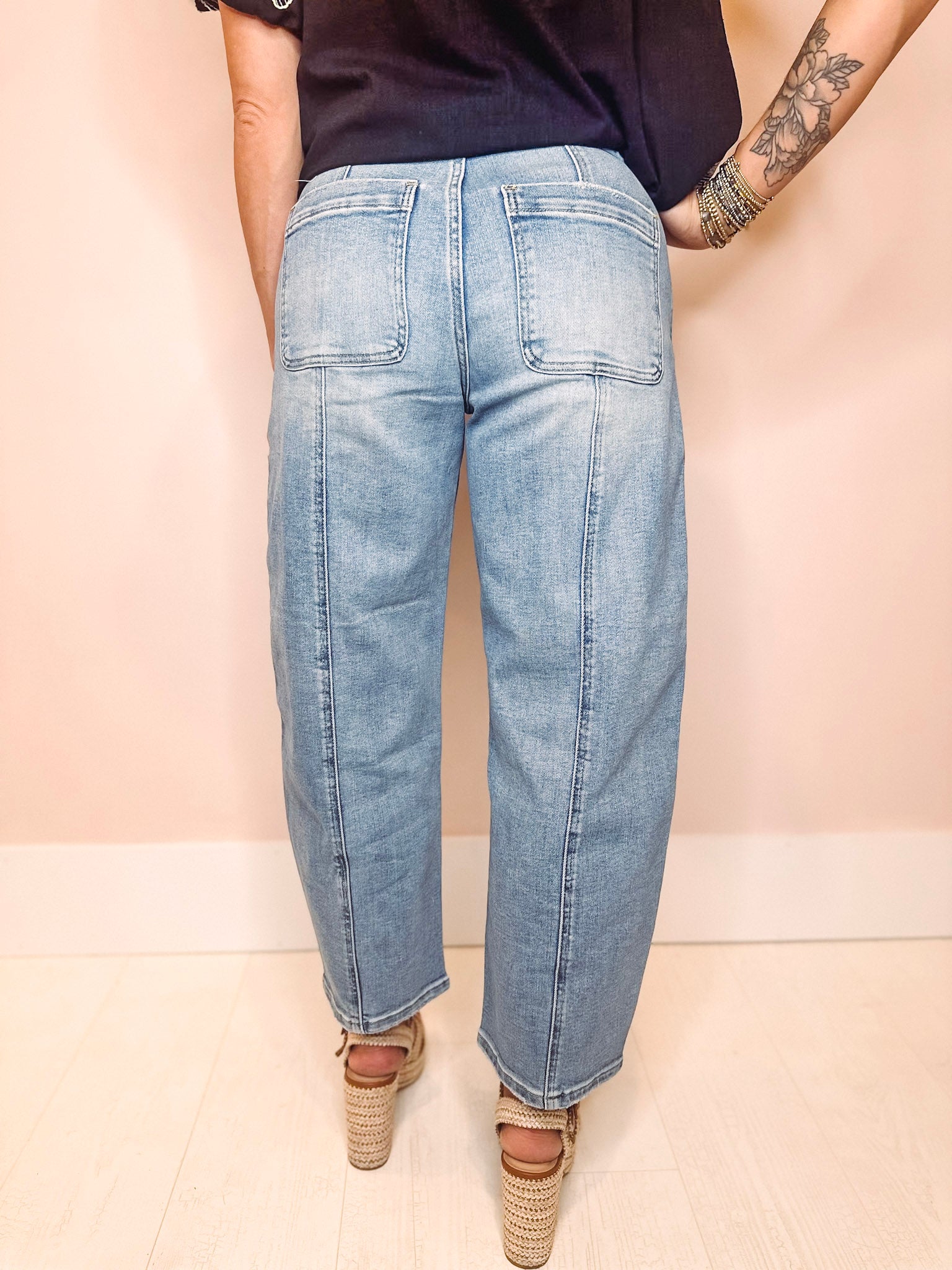 Eccentrics Boutique Denim High Rise Wide Barrel Denim With Tie Waist