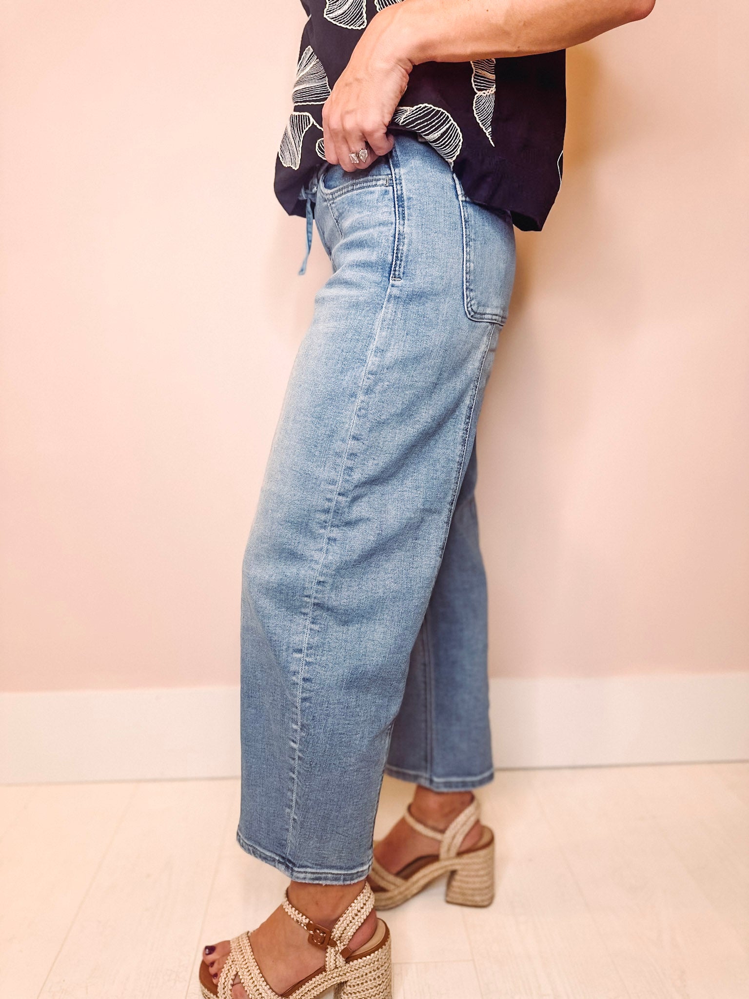 Eccentrics Boutique Denim High Rise Wide Barrel Denim With Tie Waist