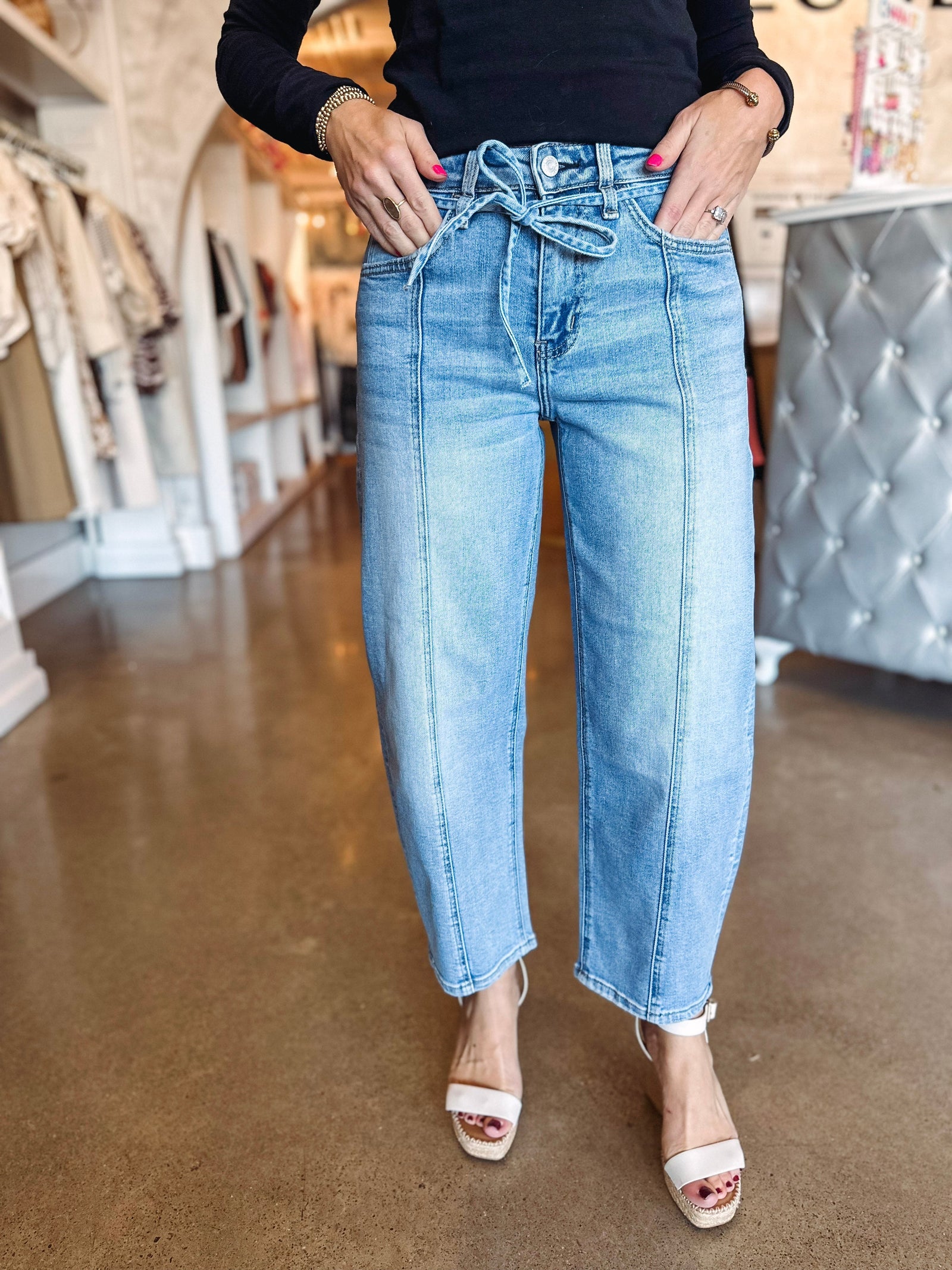 Eccentrics Boutique Denim High Rise Wide Barrel Denim With Tie Waist