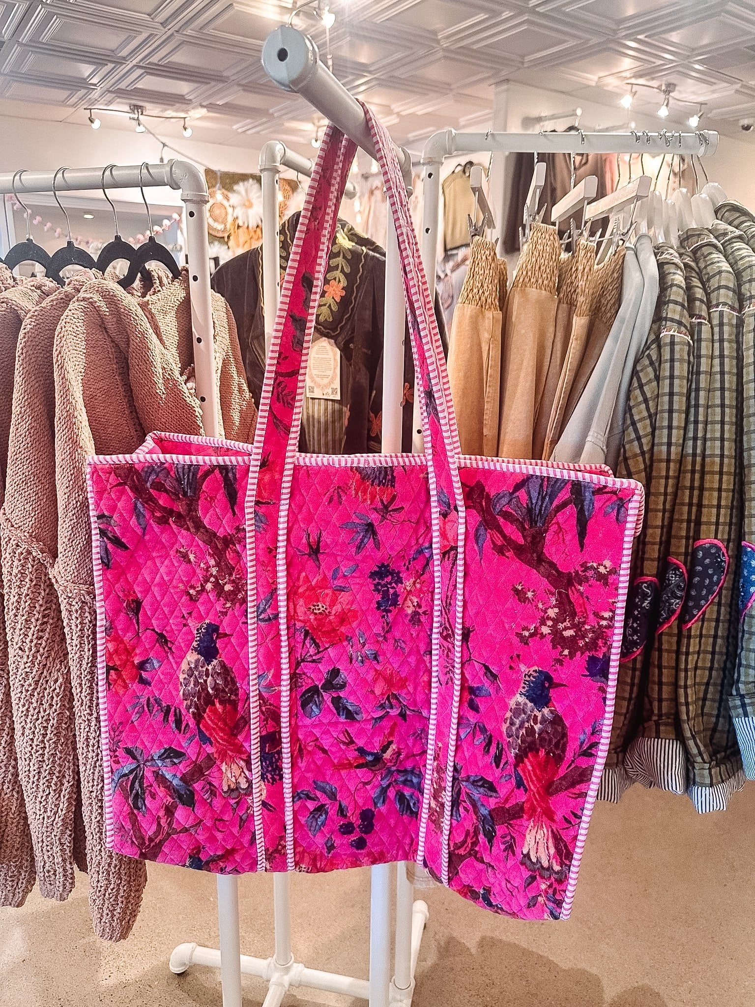 Oversized Boho Quilted Tote Bag-- Fuchsia Fever