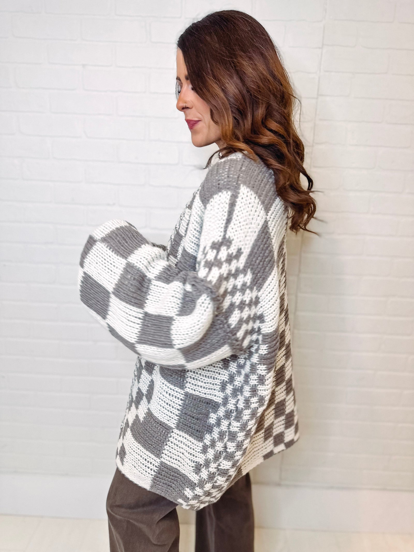 She's Edgy Checkered Oversized Cardigan Sweater