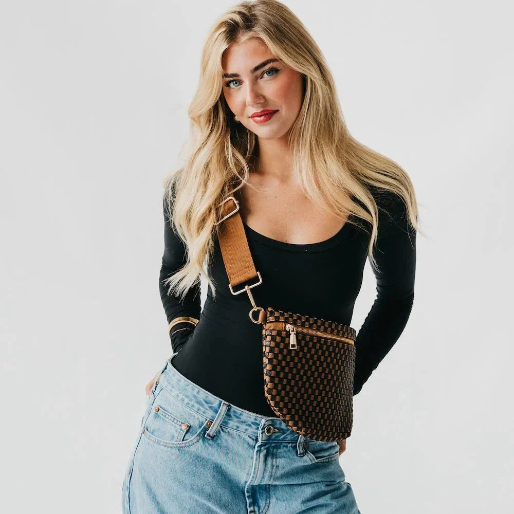 Eccentrics Boutique Handbag Woven Westlyn Bum Bag in Checkered Coffee
