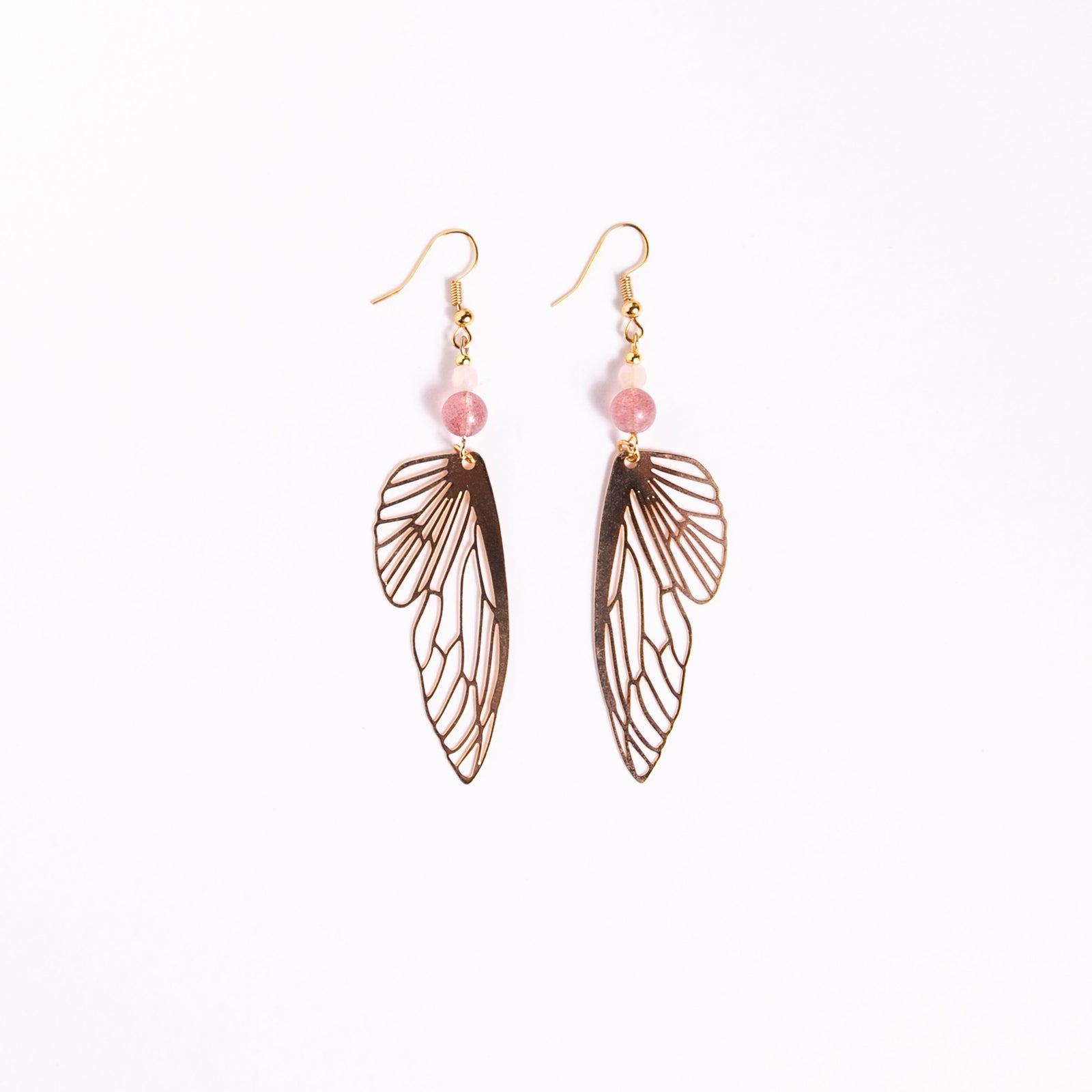 Gold Butterfly Wing Earrings with Strawberry Quartz