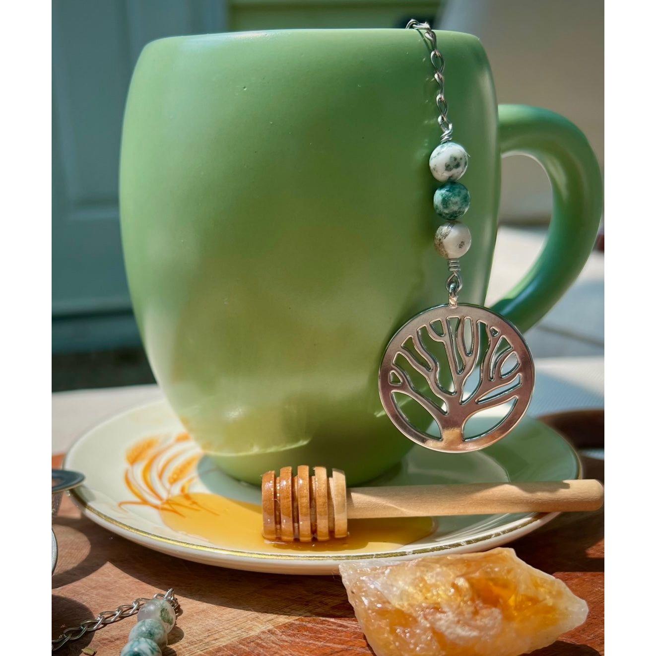 Tree of Life Charmed Tea Infuser with Tree Agate – Silver Tree Charm with Natural Tree Agate Beads by Kinley Jewelry