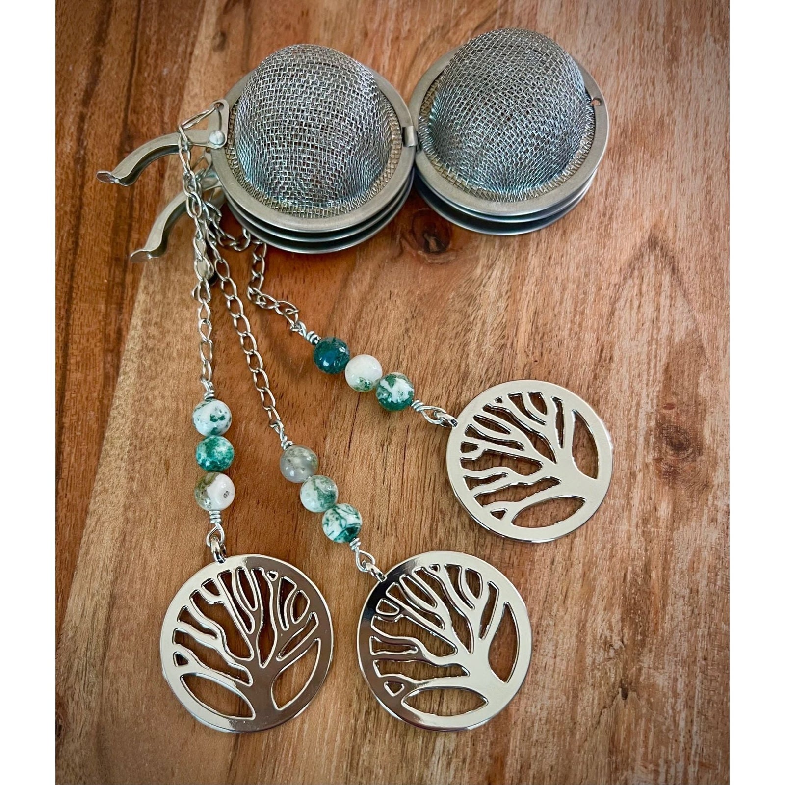 Tree of Life Charmed Tea Infuser with Tree Agate – Silver Tree Charm with Natural Tree Agate Beads by Kinley Jewelry
