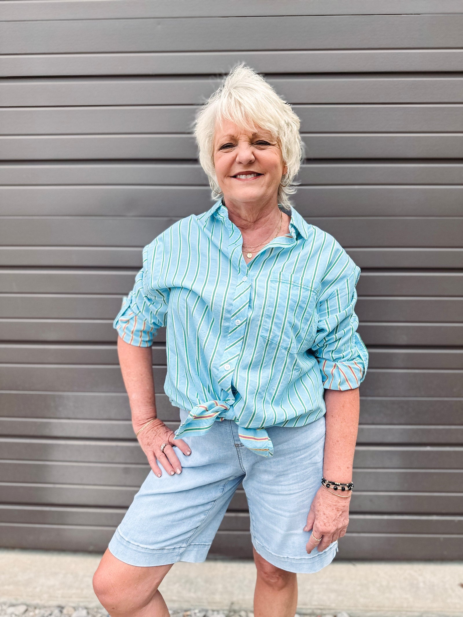 Tribal Shirts & Tops Tribal Poplin Double Stripe Button Front Shirt