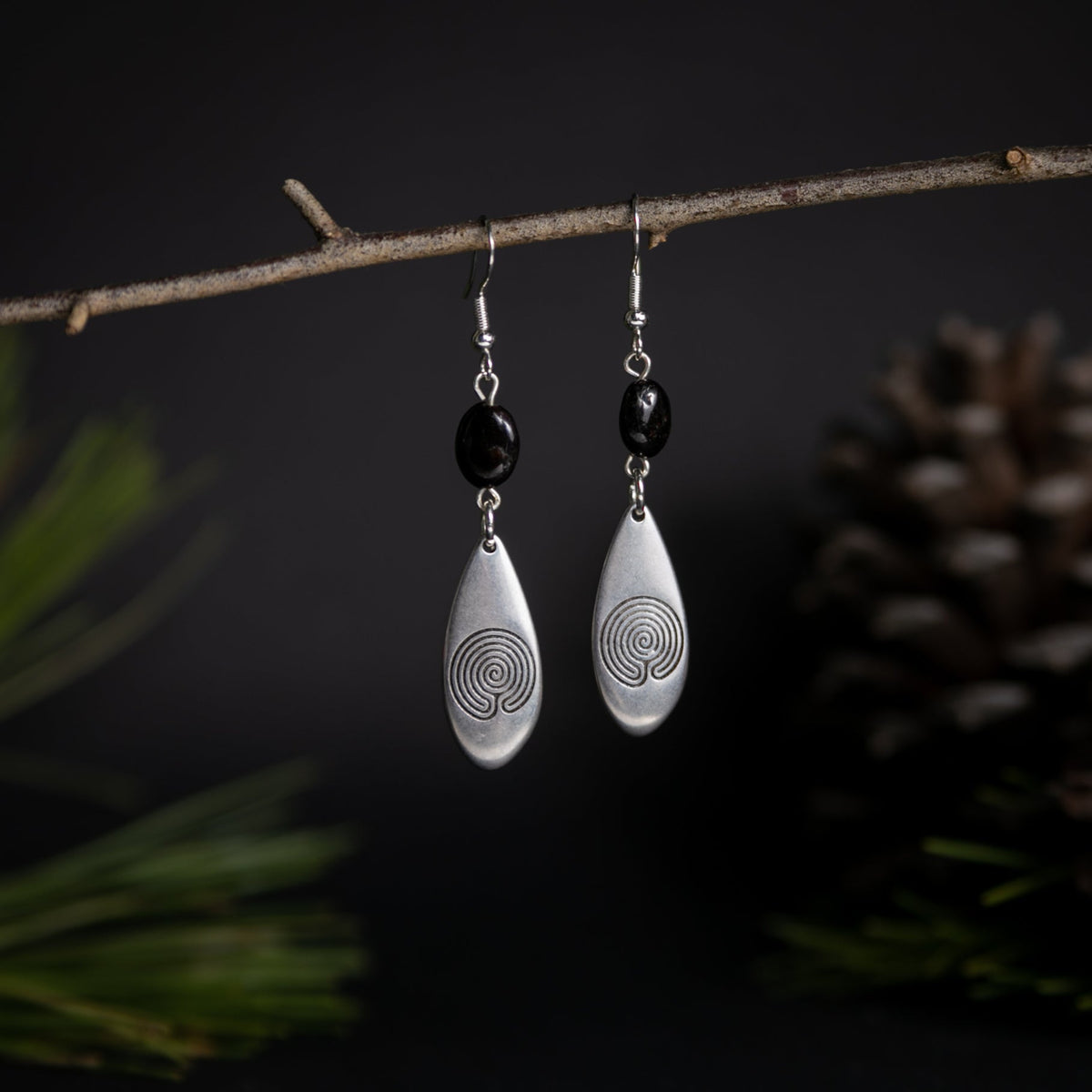 Silver Labyrinth Earrings with Garnet Stones