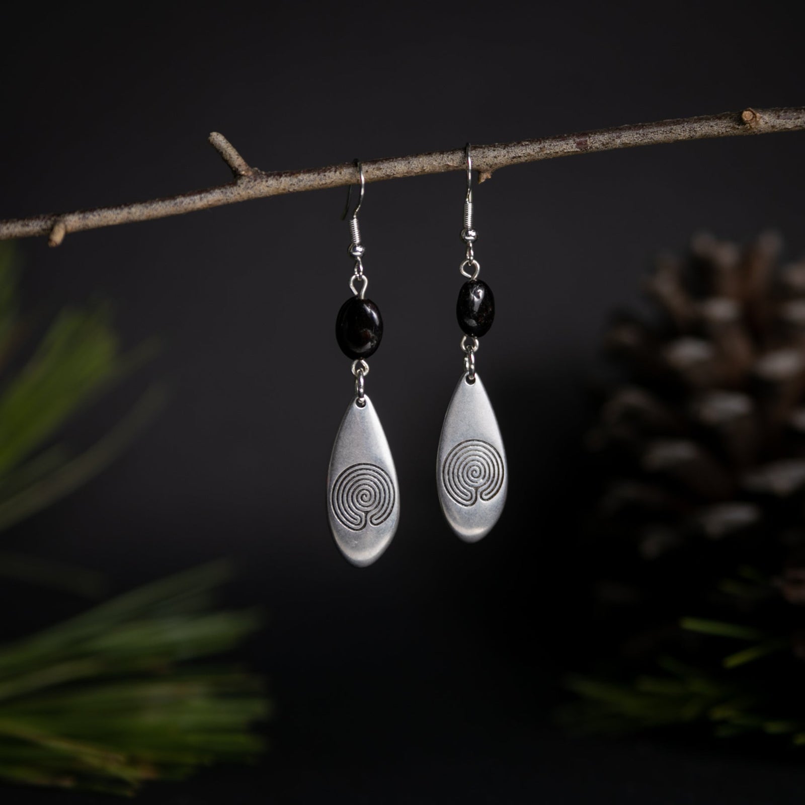 Silver Labyrinth Earrings with Garnet Stones