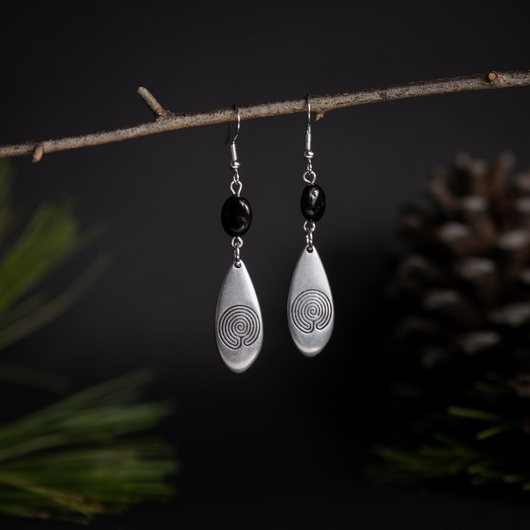 Silver Labyrinth Earrings with Garnet Stones