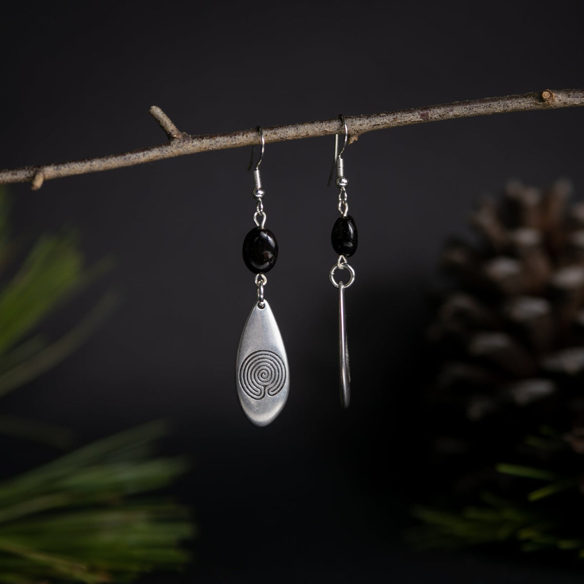 Silver Labyrinth Earrings with Garnet Stones