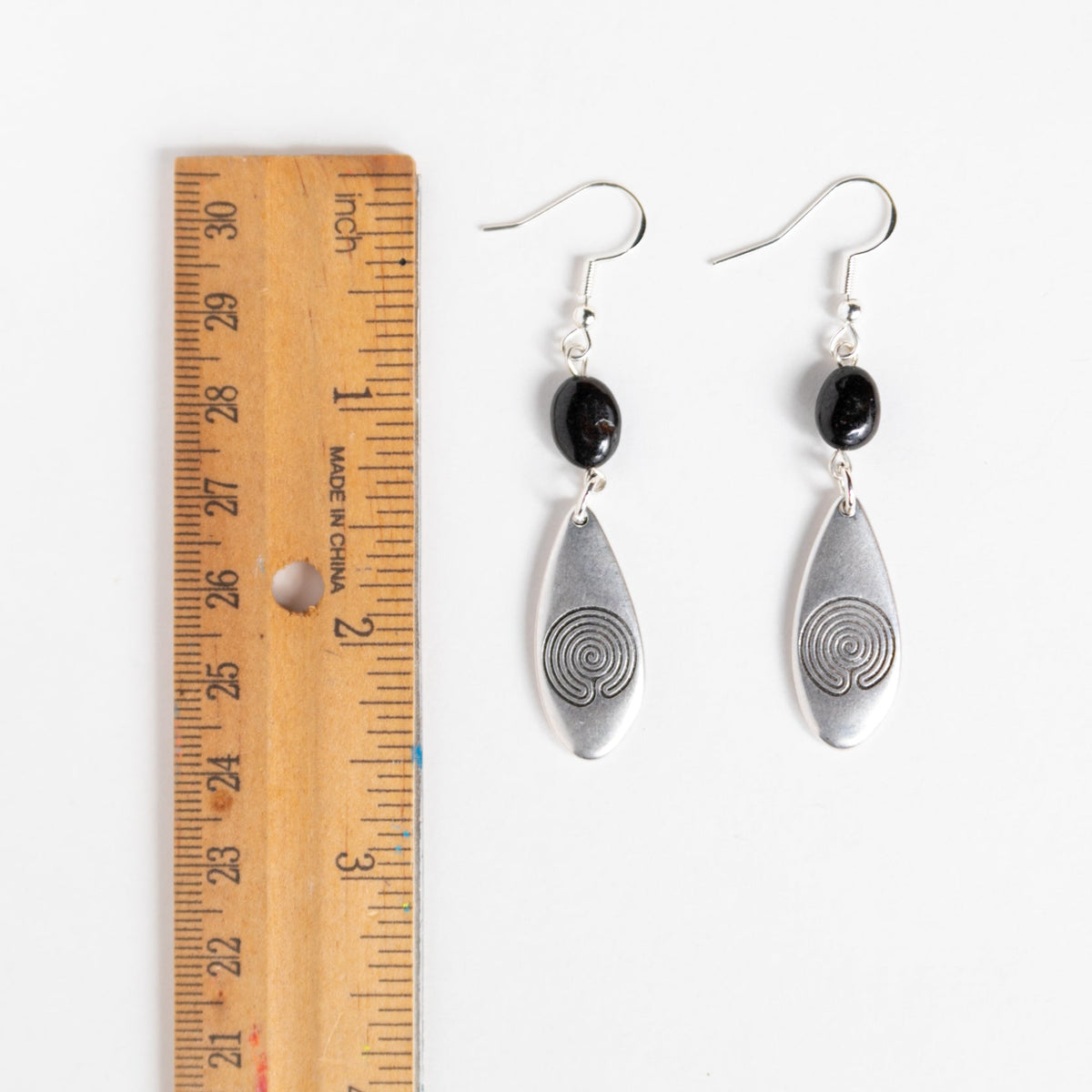 Silver Labyrinth Earrings with Garnet Stones