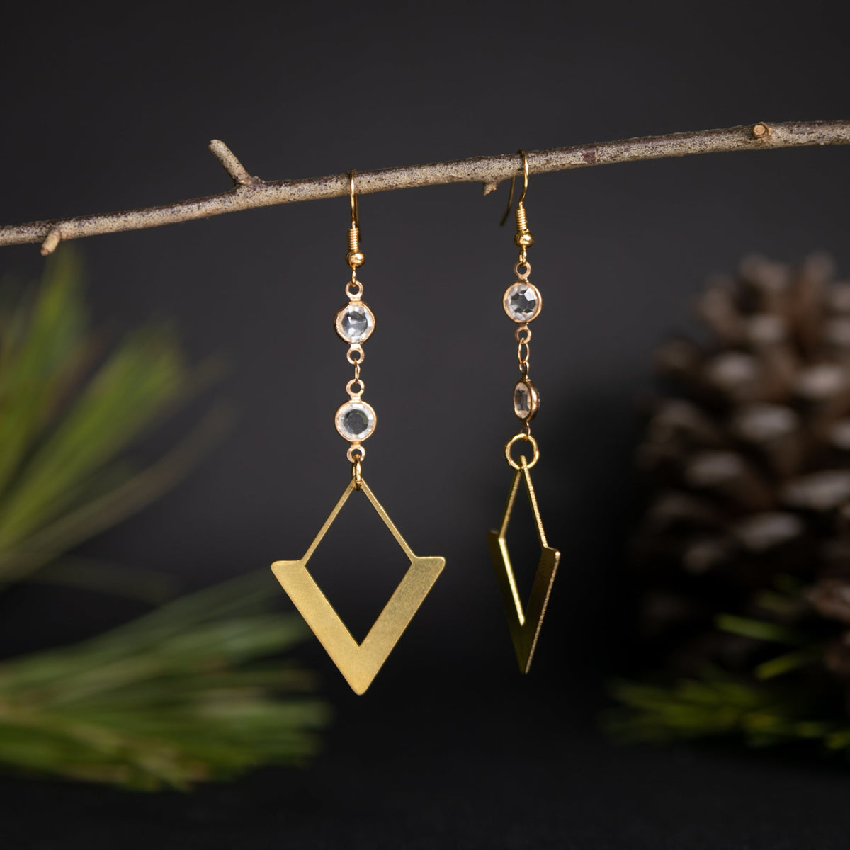 Gold Marquis and Clear Gem Dangle Earrings