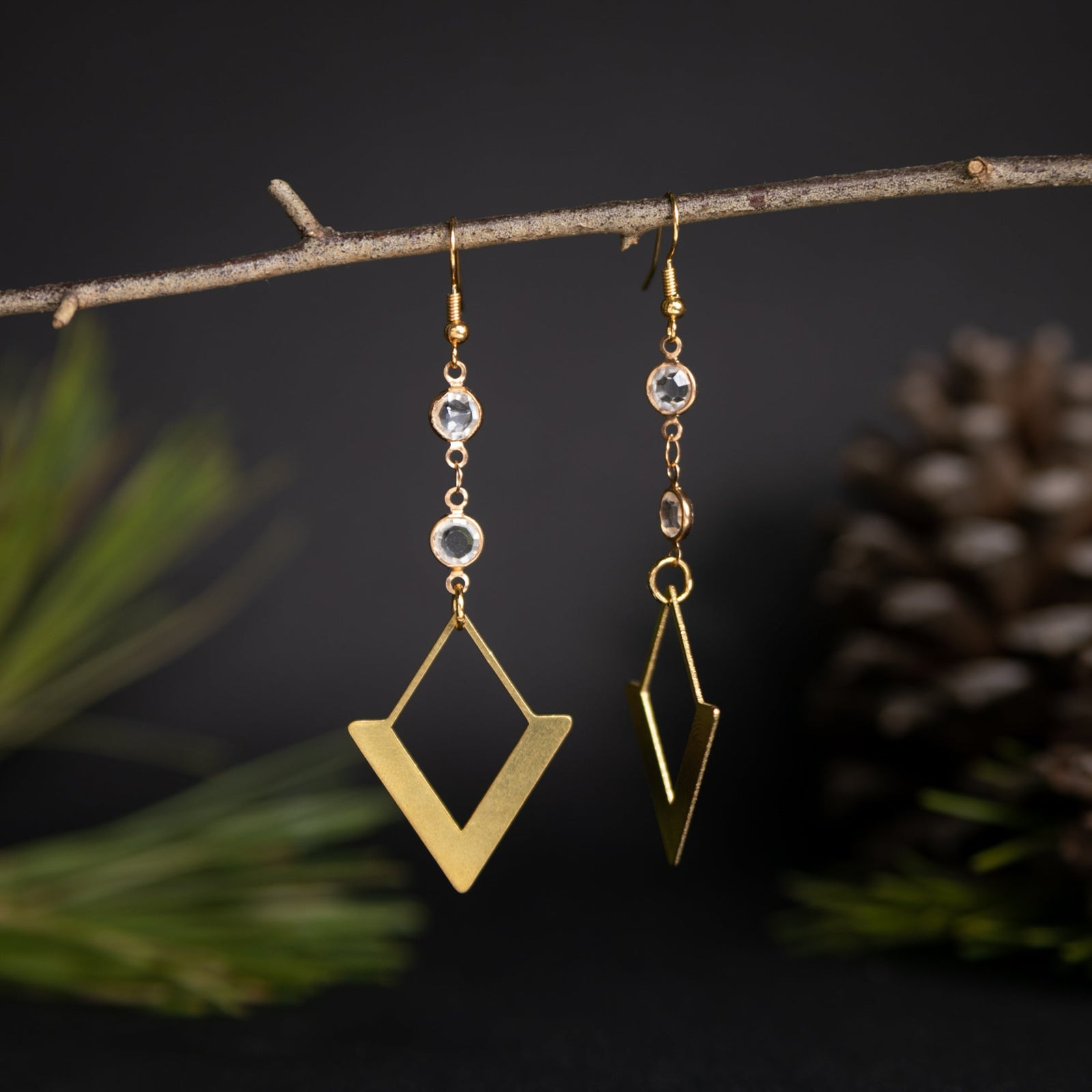 Gold Marquis and Clear Gem Dangle Earrings