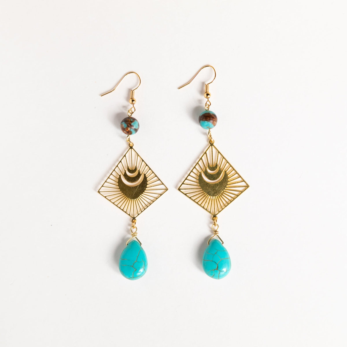 Gold and Turquoise Moon Burst Boho Dangles