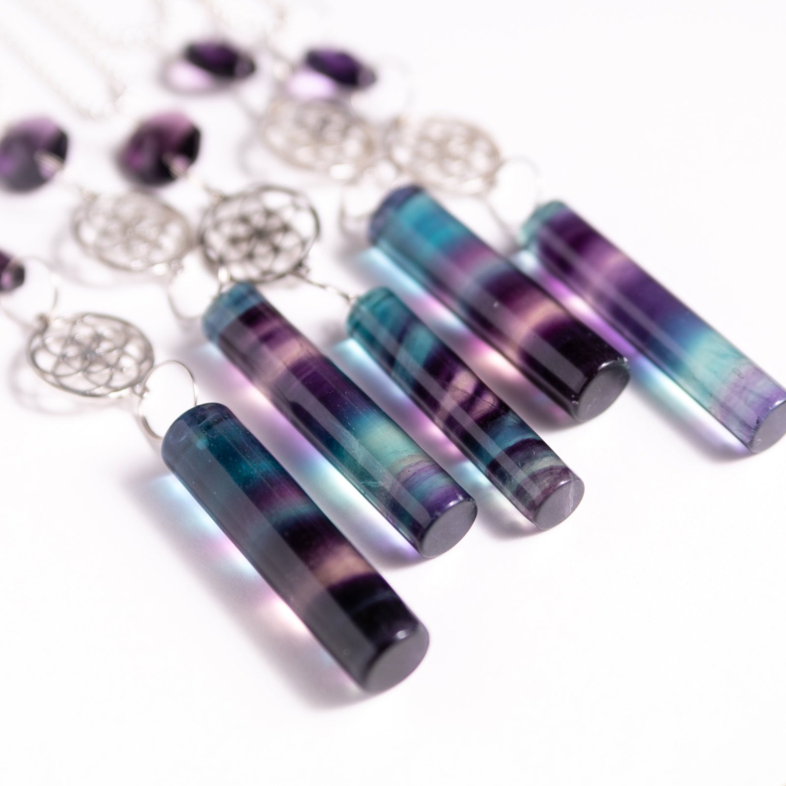 Rainbow Fluorite Seed of Life Rearview Mirror Car Necklace